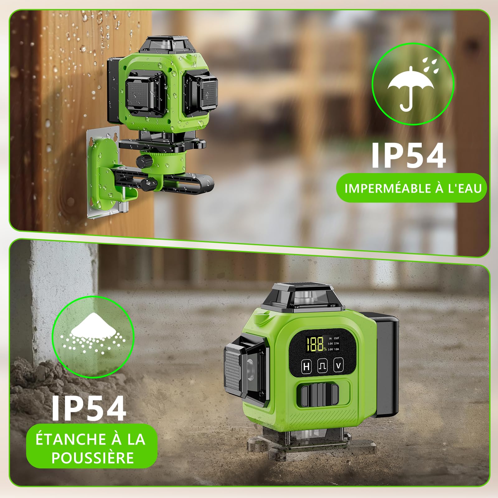 Niveau Laser Chantier Autonivelant 360° x 4, Lazer Niveaux 4D 16 Lignes Laser, Autonivellement et Mode Pulsé Extérieur, 2 x Batterie, Nivellement Automatique, Support Rotatif, Télécommande, Trépied
