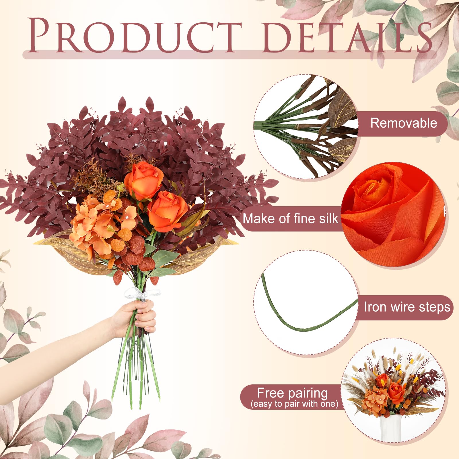 Cindeer 125 Pcs 11 Kinds Artificial Greenery Spray Box Set Faux Greenery Stems and Flowers Bulk Fake Eucalyptus for Wedding DIY Bouquets Floral Arrangement Wedding Home (Orange,Simple)