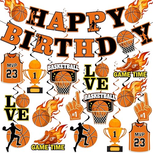Decoraciones de fiesta de baloncesto, pancartas de feliz cumpleaños y decoraciones de remolino colgante de baloncesto, suministros de fiesta de