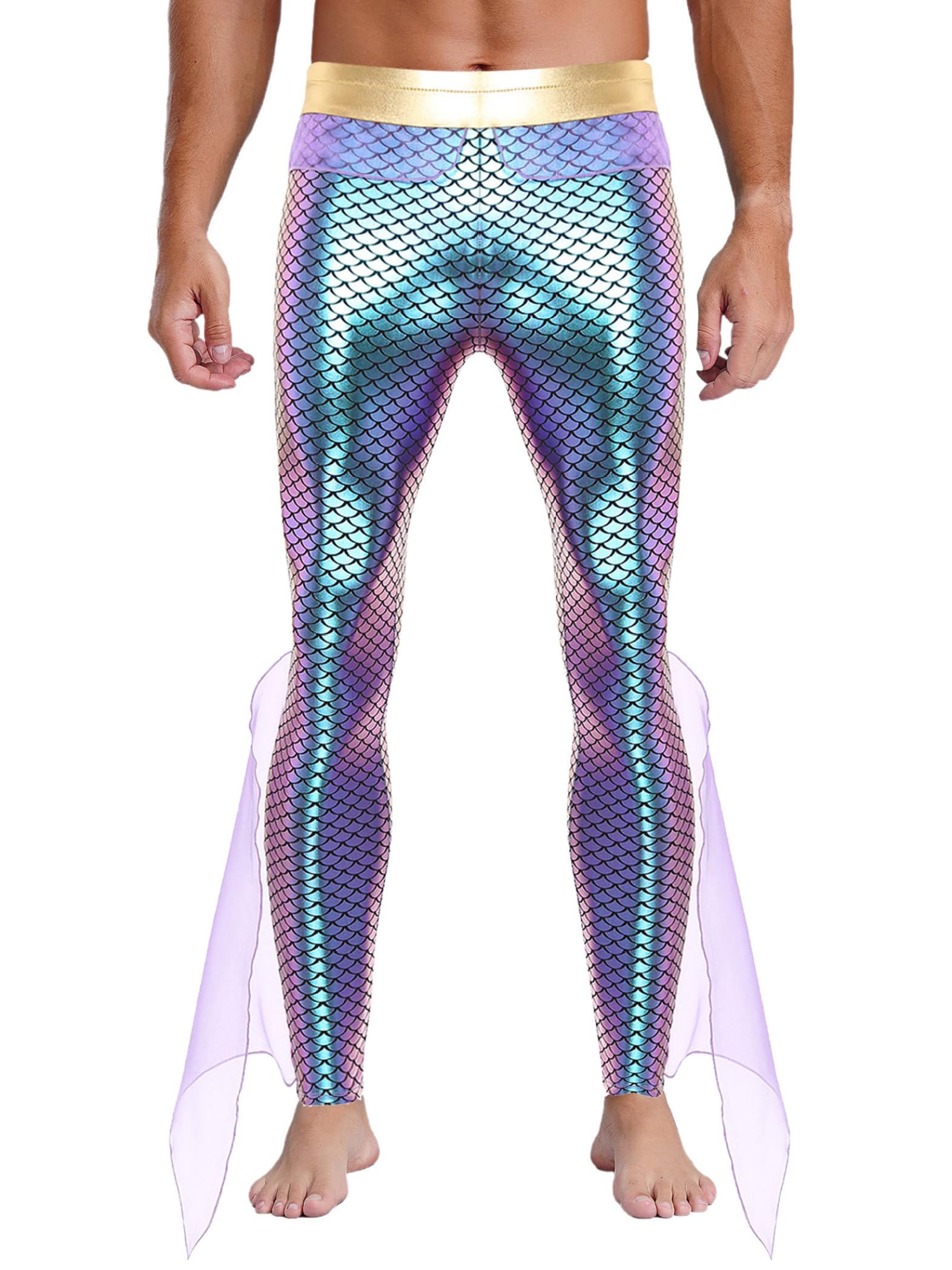 Sinleey Mens King of The Seas Halloween Mermaid Costume Sea God Cosplay Outfit Fish Scale Printed Leggings Pants Purple 4XL
