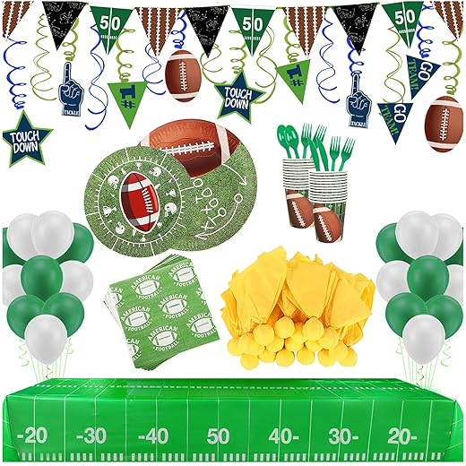 Football Party Supplies and Decorations Set-Serves 24 Include Tablecloth,Plates, Flatware, Cups and Penalty Flag Paper Napkins,Hanging Swirl,Banner,Balloons for Super Bowl Party
