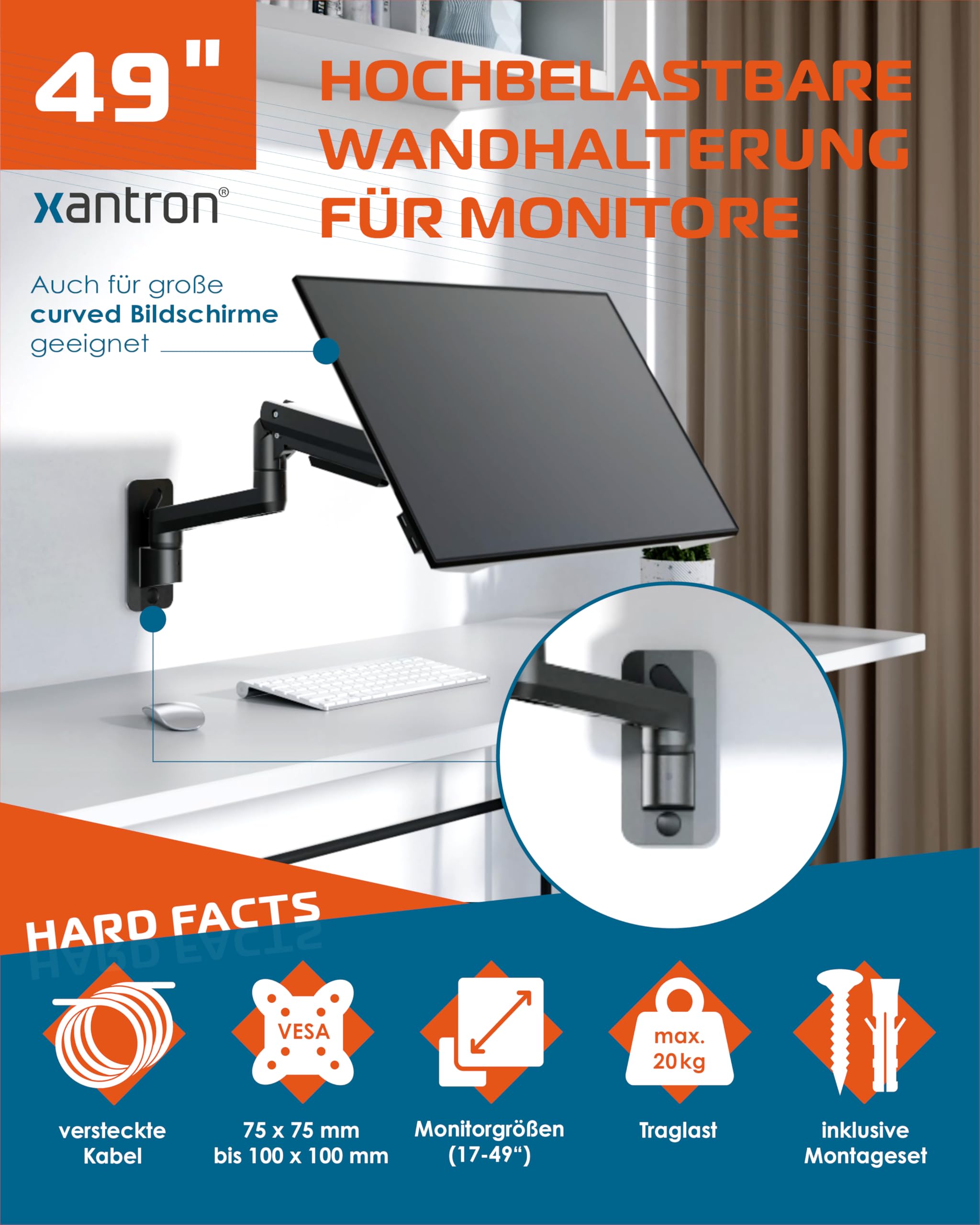 Xantron PRO-WallGS - Supporto da parete ergonomico regolabile in altezza, VESA 75 x 75 e 100 x 100 cm, per monitor 1 monitor da 17 a 49 pollici, rotazione a 360 gradi fino a 20 kg