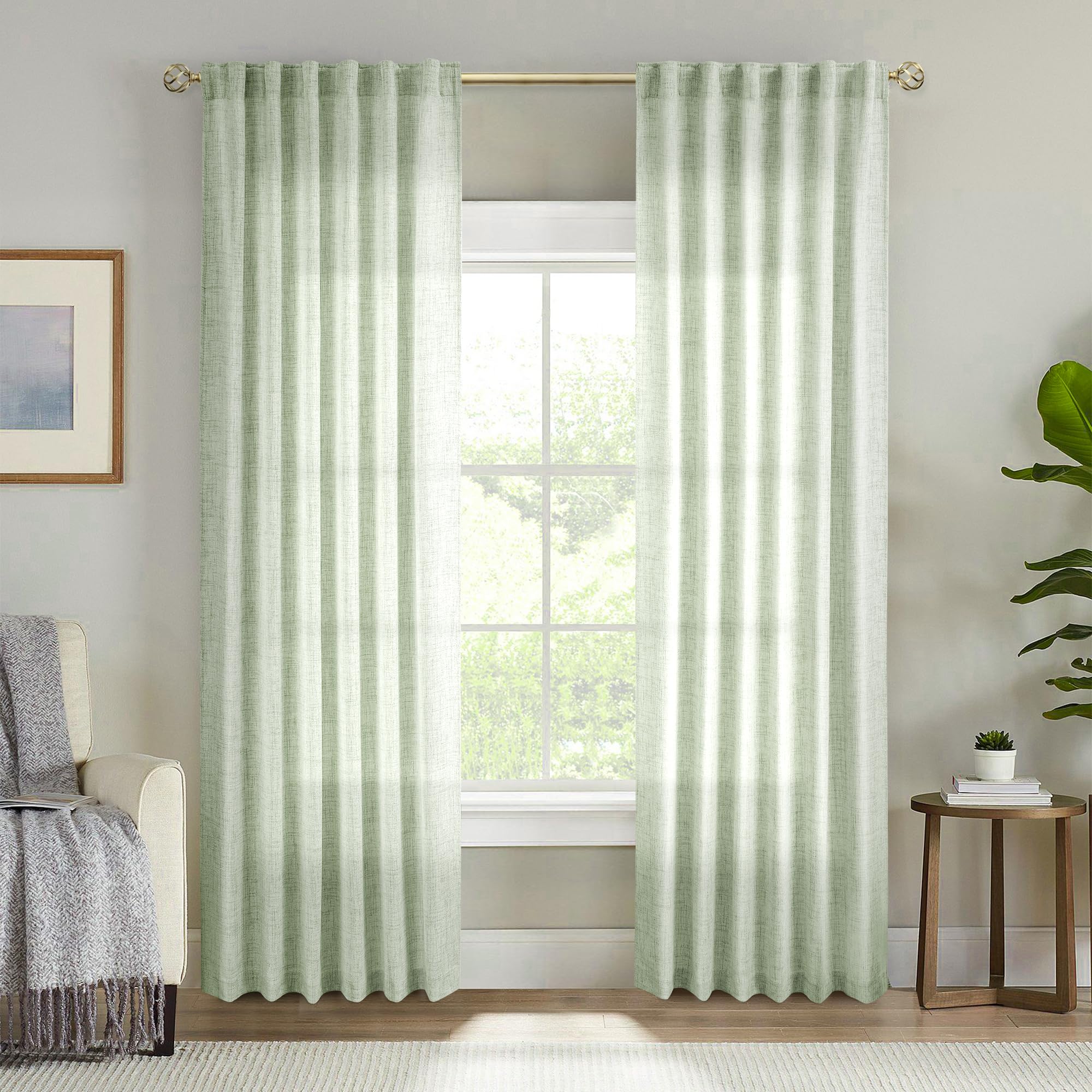 Sage Green Linen Curtains 96 Inches Long Semi Sheer Back Tab Drapes for Living Room 2 Panels Light Green Boho Neutral Curtains for Bedroom Closet Door Nursery Boy Teens Girls Playroom, 8 Ft