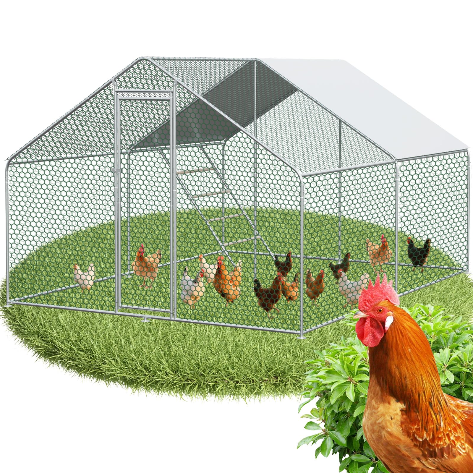Hühnerstall mit Leiter, 3 x 4 x 2 Meter, Verzinkter Stahl, Freilaufgehege Tiergehege für Hühner Hasen, Kleintiergehege mit Obere Stützstange, Sonnenschutzdach und Tür für Hühner Ente Kleintiere