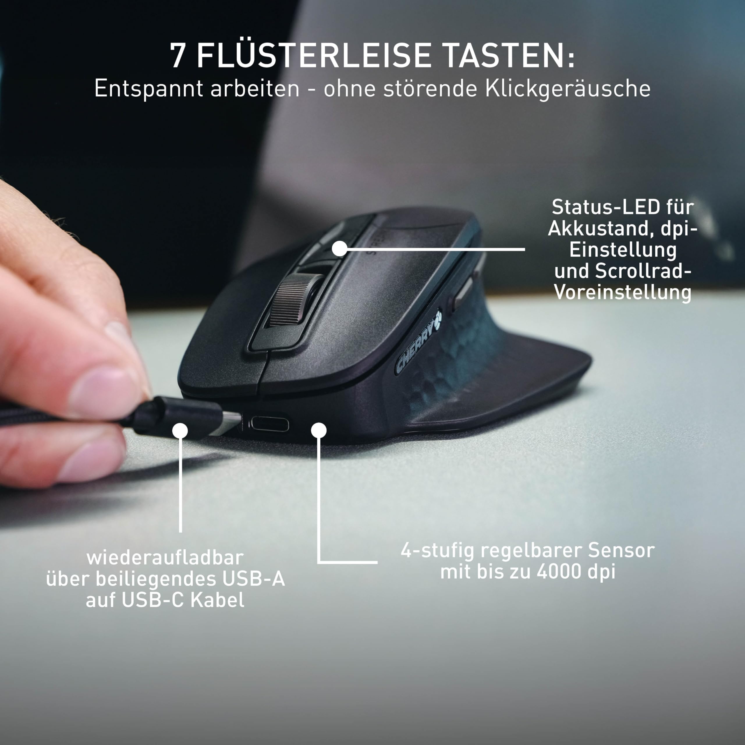 CHERRY Stream Mouse Ultimate, Kabellose Ergonomische Maus, Schwarz | Rechtshändermaus, Multi-Device-Funktion für 4 Geräte, Bluetooth, 2,4 GHz & Kabel, Anpassbares Scrollrad, Wiederaufladbar