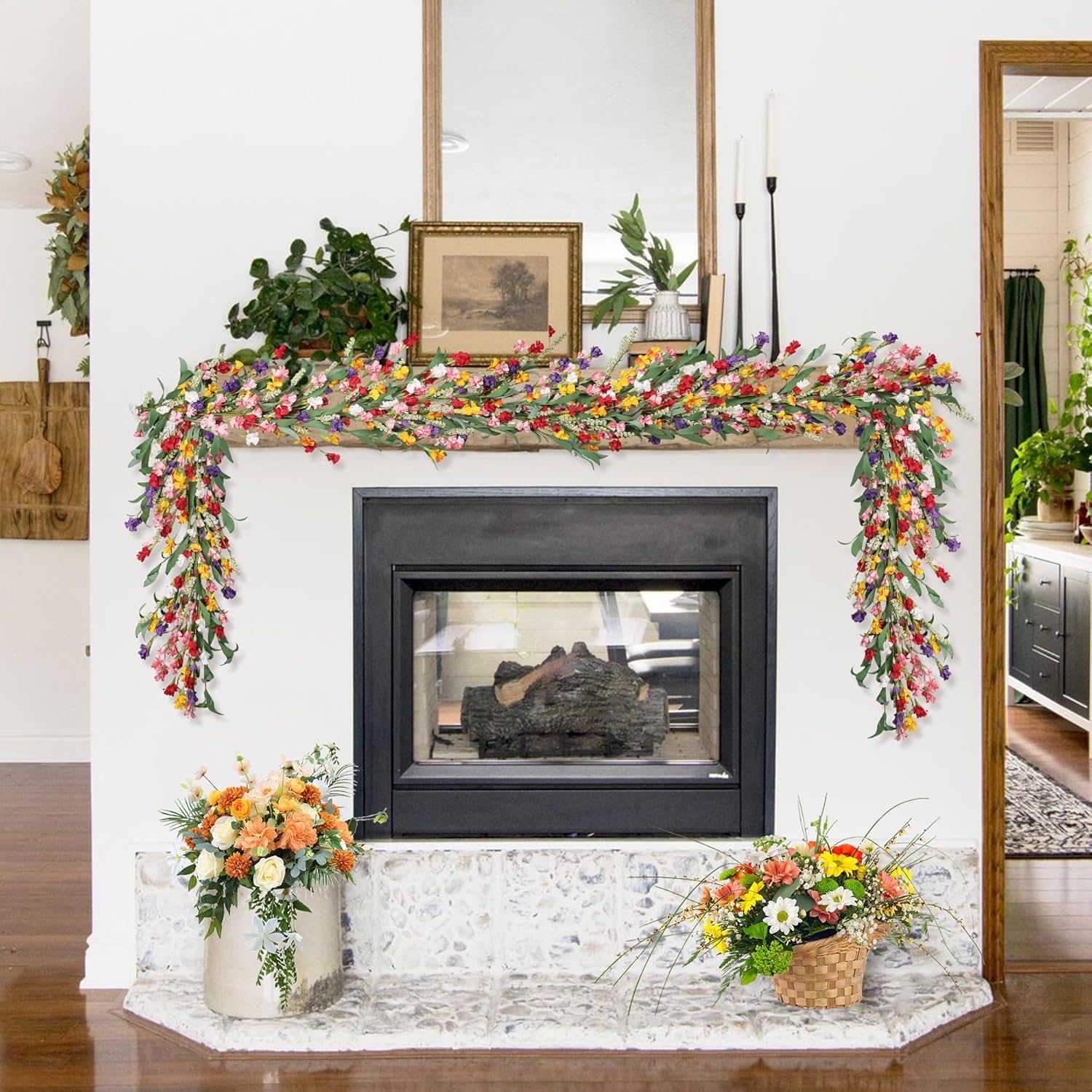 9ft Spring Flower Garland for Mantle Decor: Artificial Floral Vine with Greenery for Wedding Arch, Fireplace, Table & Wall, All Season Home Decor for Summer, Easter, Mother's Day (Yellow+Pink)