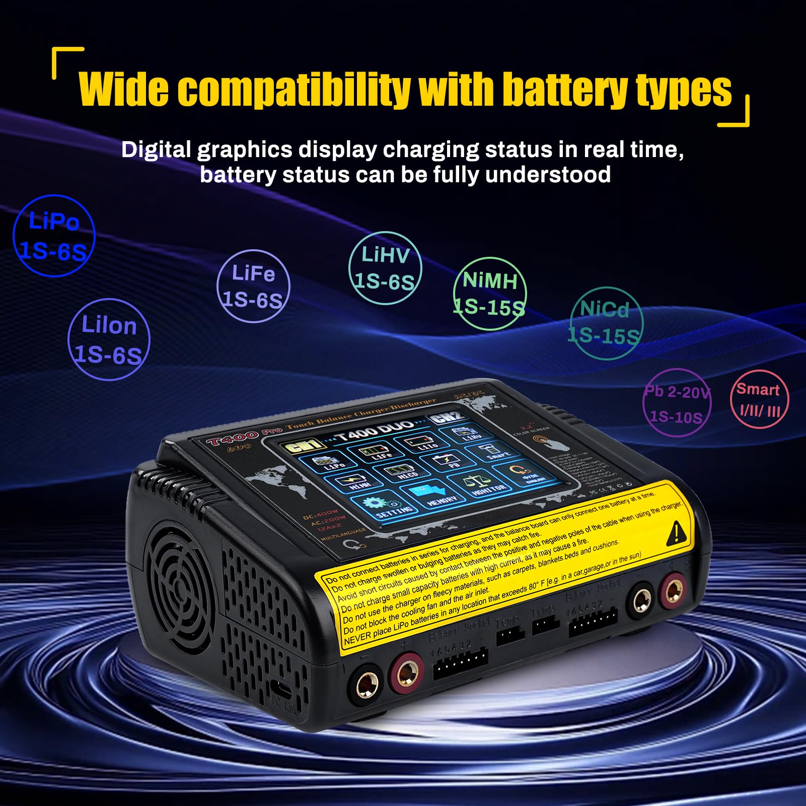 Caricabatterie lipo RC Batteria equalizer Ricarica doppia DC/AC 11-18V 400W 100-240V 200W Rilevamento Auto LiPo/Lilon/Life/NiMH/NiCd/PB/NiMH Touchscreen LCD 3,2 pollici 12A (T400)