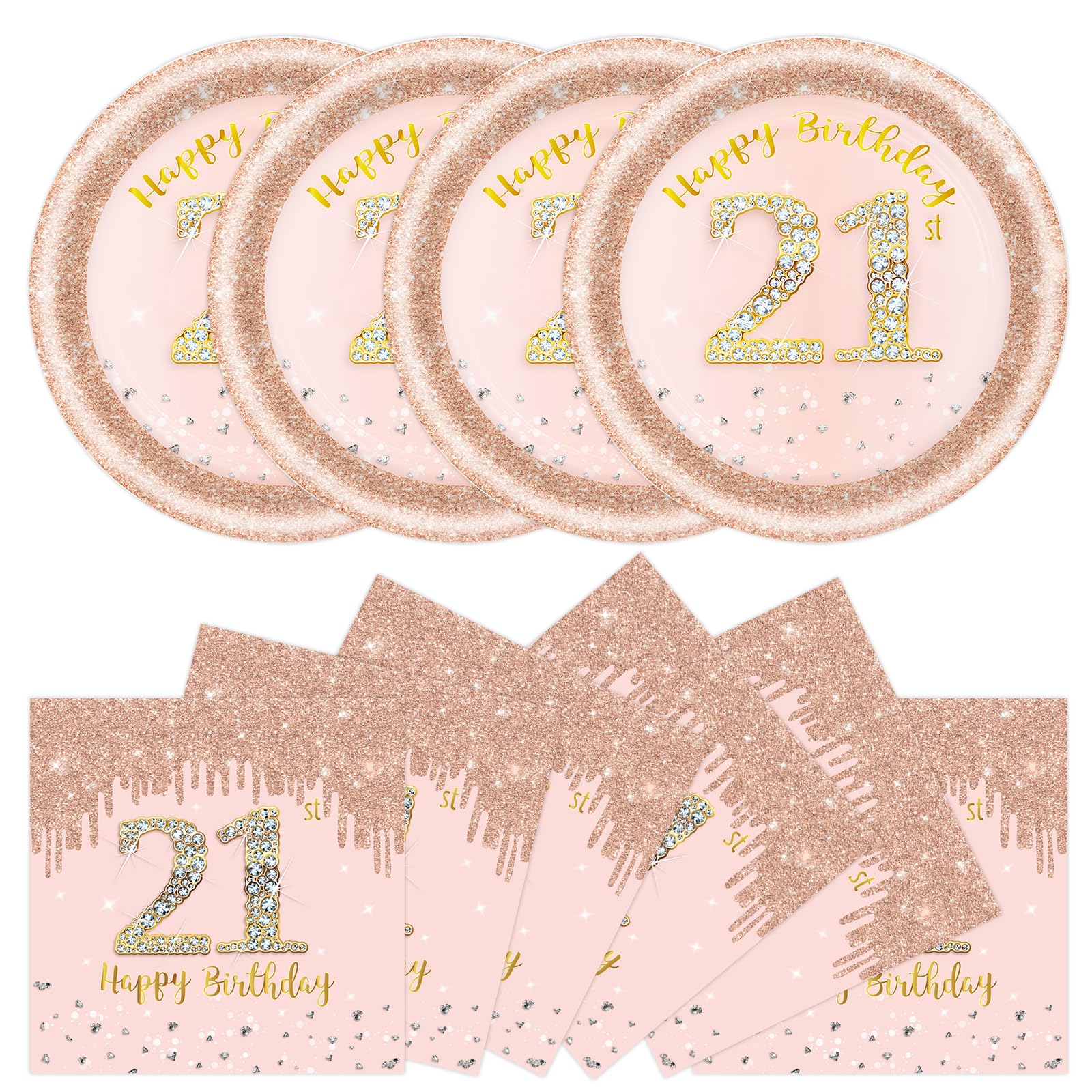 DHAIQC 50 Pcs 21st Birthday Paper Plates and Napkins Party Supplies, 7 Inch Rose Gold 21st Party Plates and Napkins Tableware Set for Women Girl Anniversary 21 st Birthday Decorations (21st)