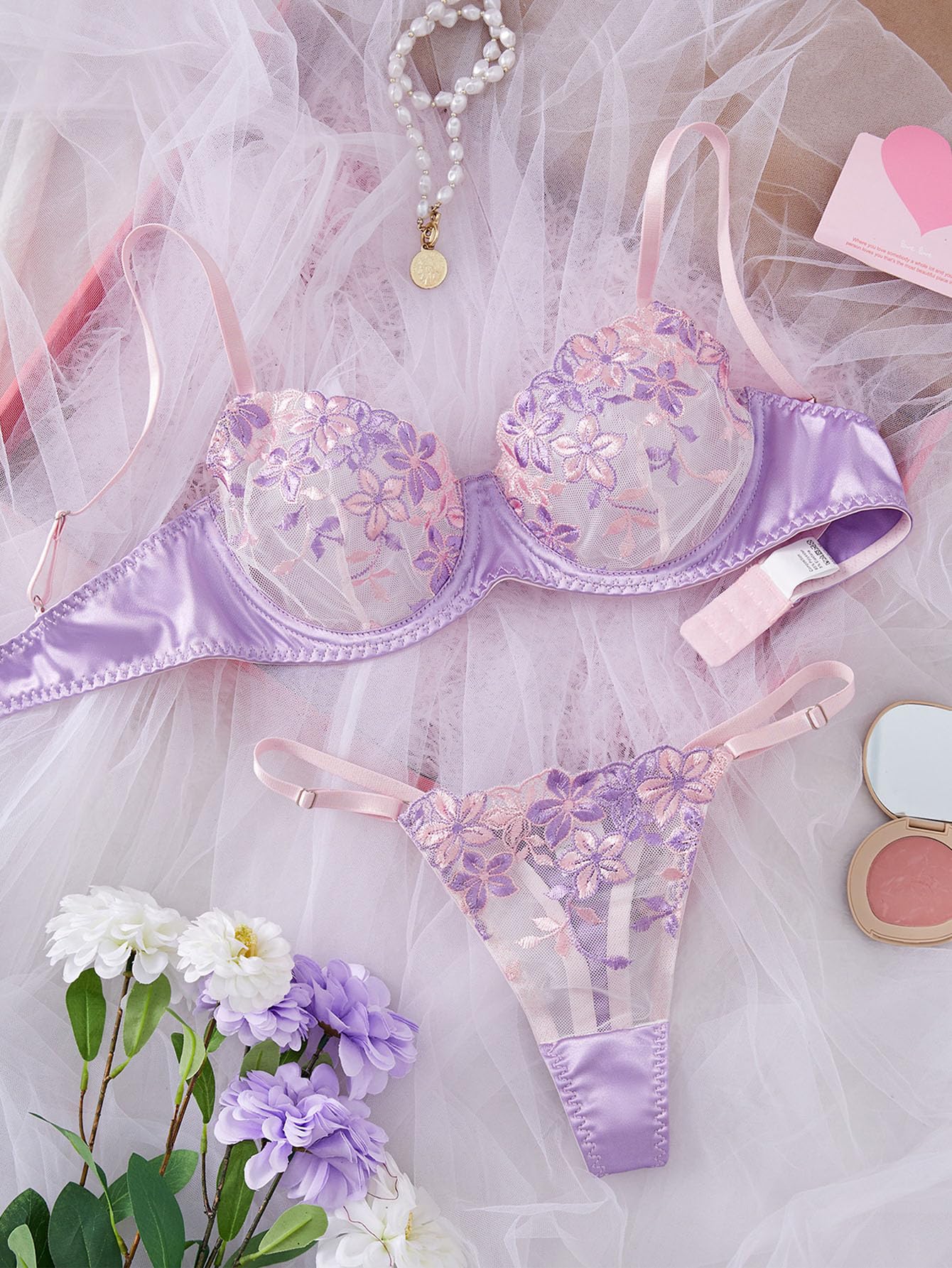Lilosy Sexy Satin Mesh Floral Sheer Embroidered Underwire Lingerie Set 2 Piece Women Push Up See Through Matching Bra Panty Print Royal Blue Medium: Flower Small Flower Light Purple