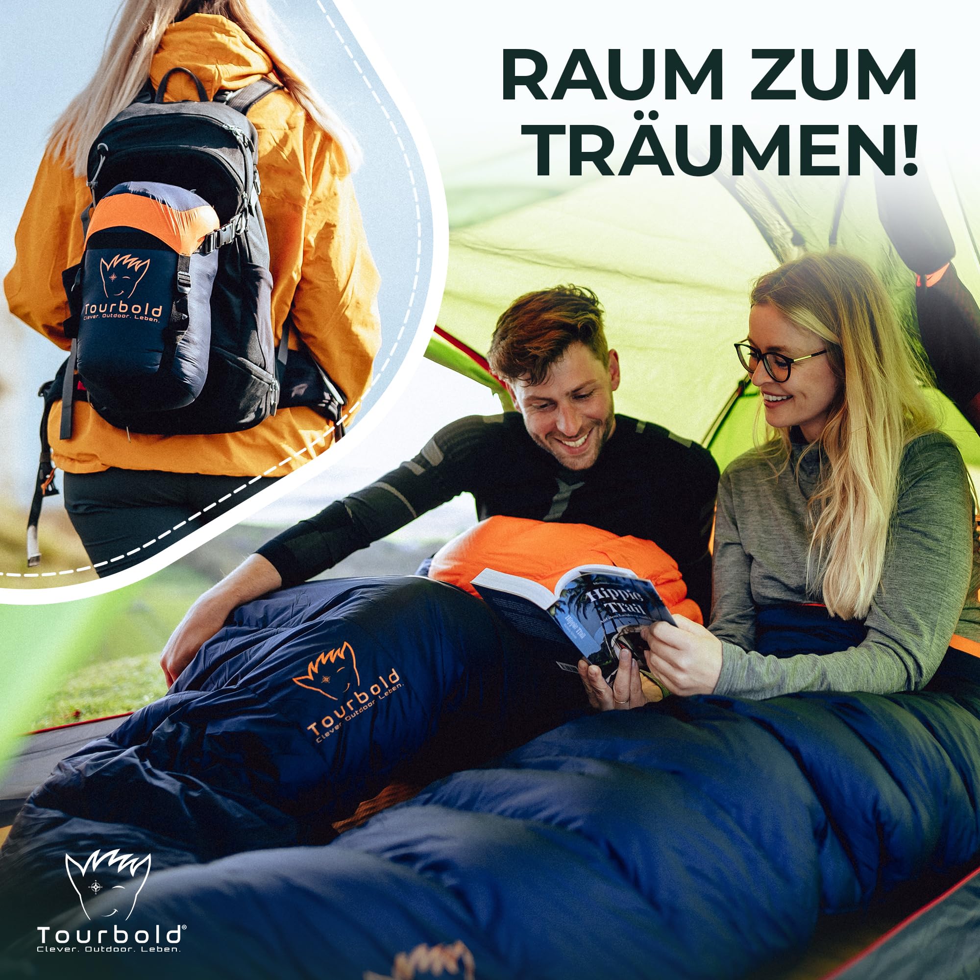 TOURBOLD® Daunenschlafsack Outdoor | 3 Jahreszeiten | Ultraleicht (1250 g) | Kleines Packmaß | Extra Langer Reißverschluss | Komfort-Schnitt | Mumienschlafsack | Camping Trekking Bergsteigen