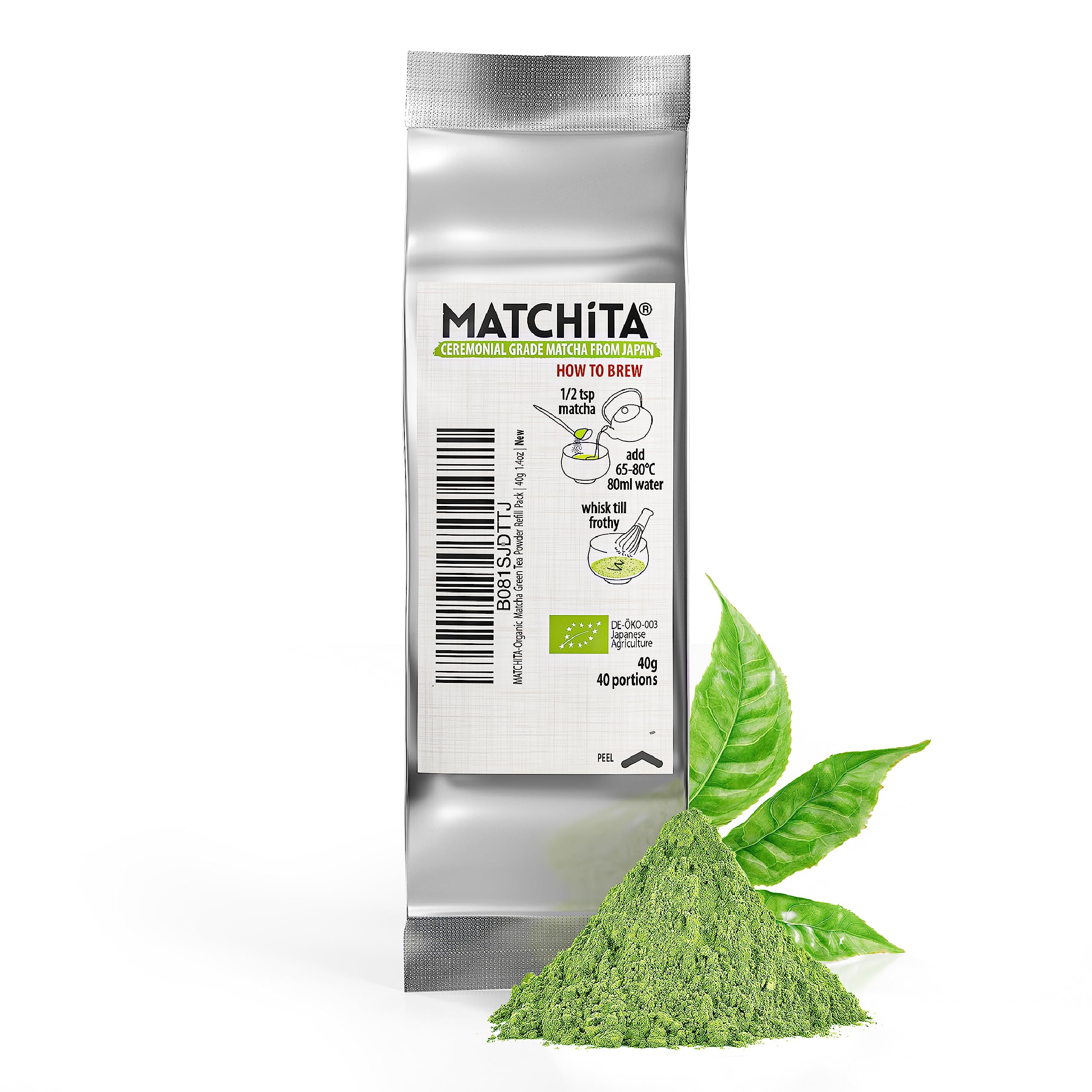 MATCHITA Té Verde Matcha Orgánico de Calidad Ceremonial (40g) - Recambio - Rico y Cremoso: Bebidas Calientes y Frías, Cafés, Batidos - Aumenta los Niveles de Energía y la Capacidad Inmunitaria