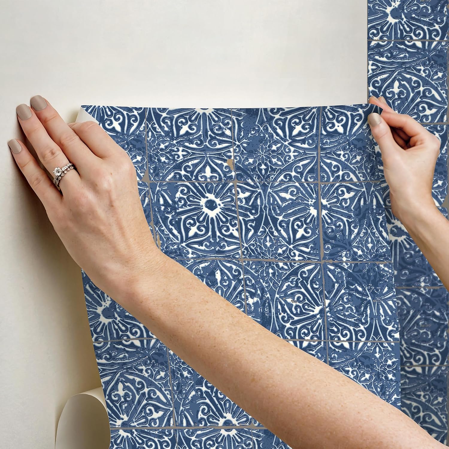 NuWallpaper Cobalt Sea Provincial Tile Peel and Stick Wallpaper, NUS6104