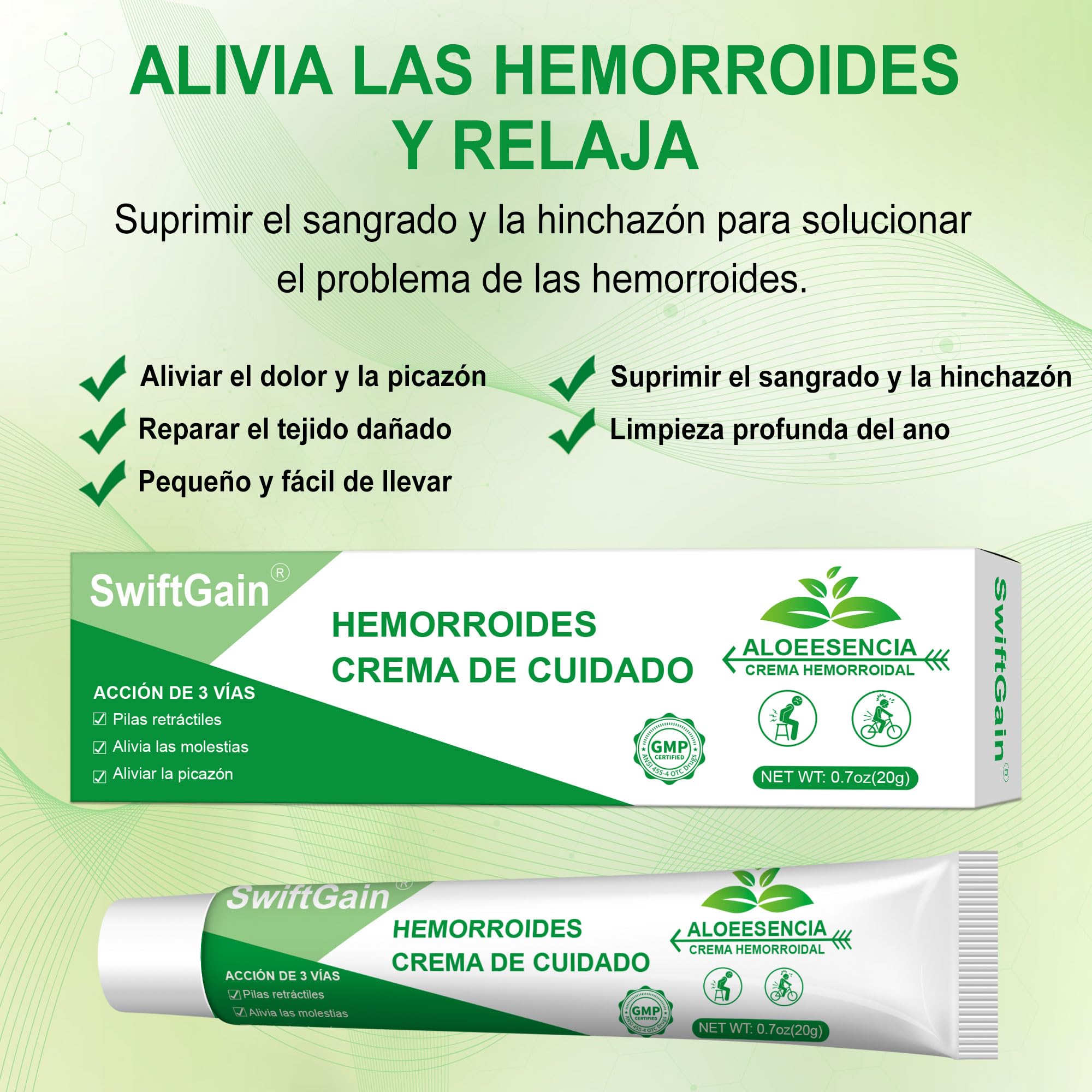 La crema SwiftGain para el alivio de hemorroides, destacando su fórmula natural y aplicación externa.