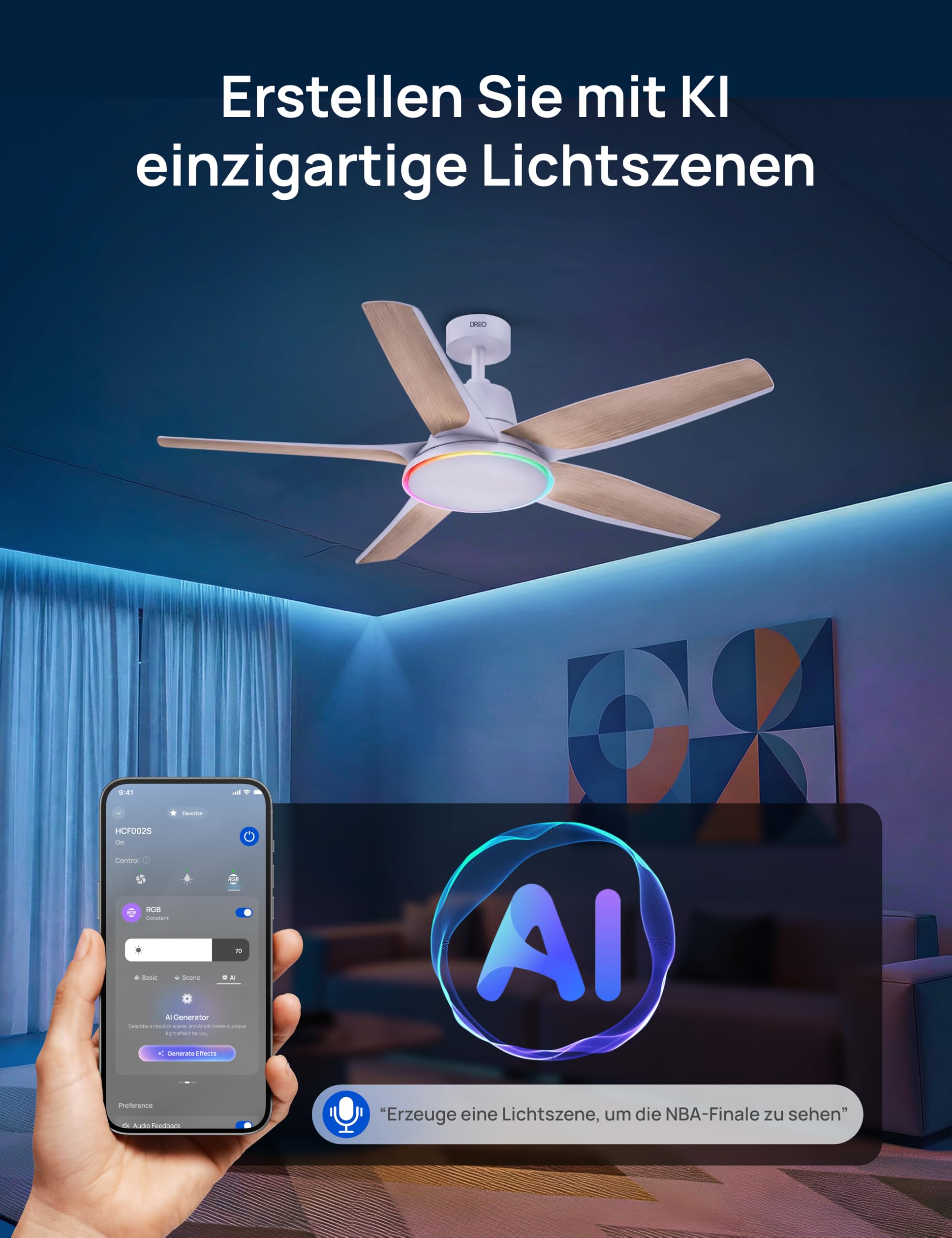 DREO Smarter Low-Profile-Deckenventilator mit Licht, 132 cm, dimmbare LED mit einstellbarer Farbtemperatur, RGB-Ambientlicht, leiser DC-Motor, einfache Montage, App- & Alexa-Steuerung, weiß