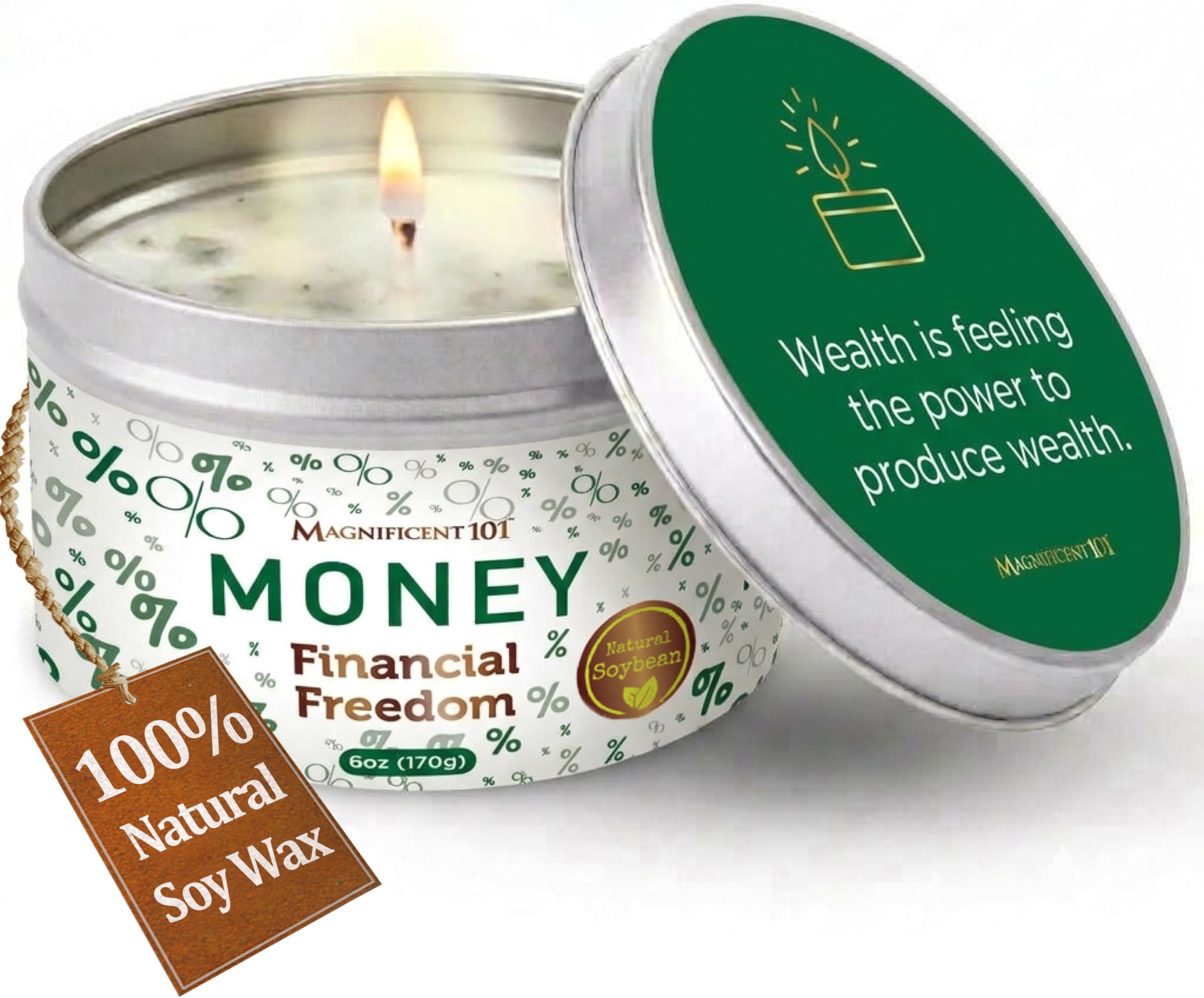 Magnificent 101 Money Manifestation Tin Candle for Financial Freedom, 6oz