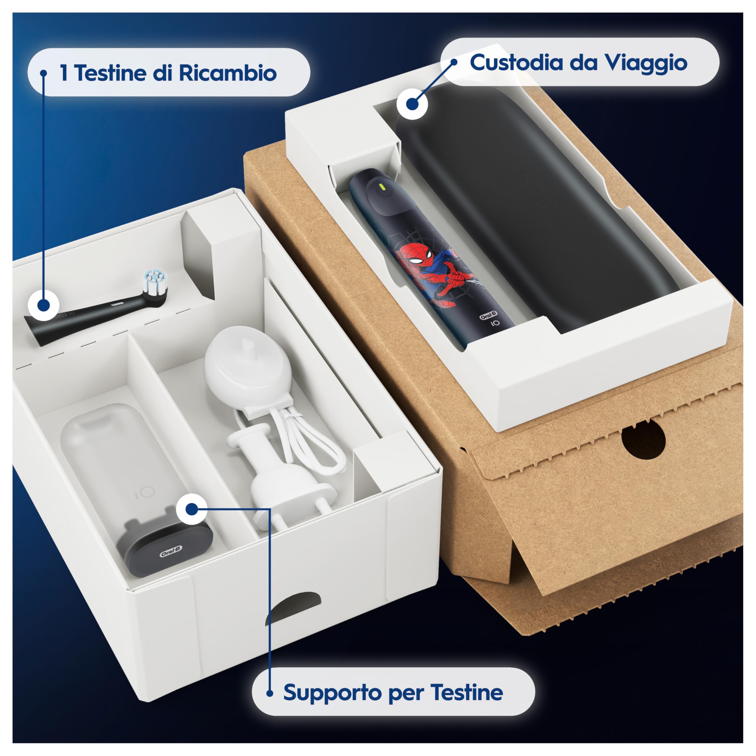 Oral-B Spazzolino Elettrico Ricaricabile iO Kids 6+, 1 Testina, Custodia, Nero - Marvel Spider-Man, 1 Testina di Ricambio per Spazzolino Elettrico, dai 6 Anni in su, Delicato sulle Gengive, Custodia