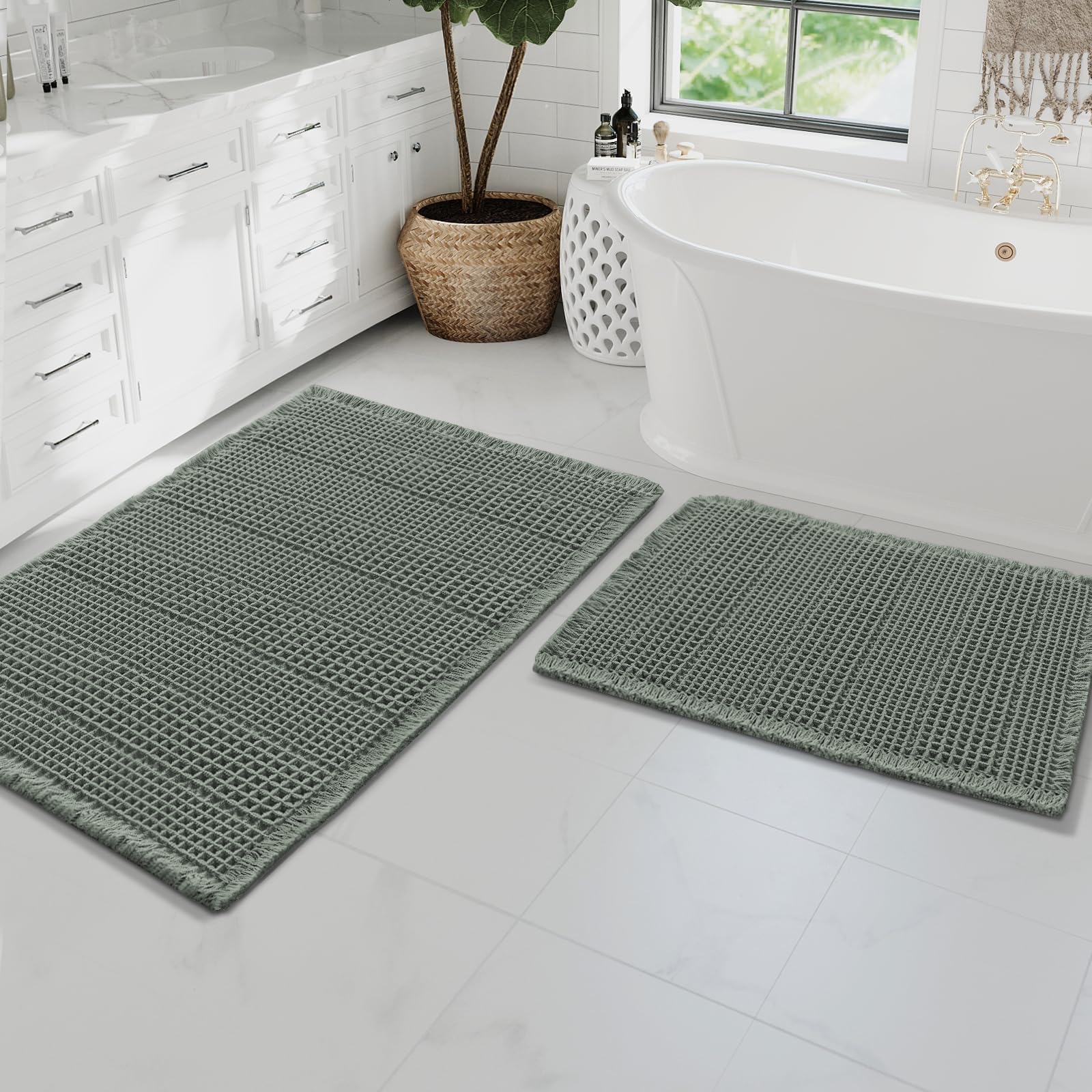 H.VERSAILTEX Waffle Bath Mat Super Absorbent Bathroom Mats Non Slip Bath Rugs for Bathroom Floor Machine Washable Ultra Soft Bathroom Rugs for Beside Tub, (32 x 20 Plus 24 x 17 - Inches, Lichen)