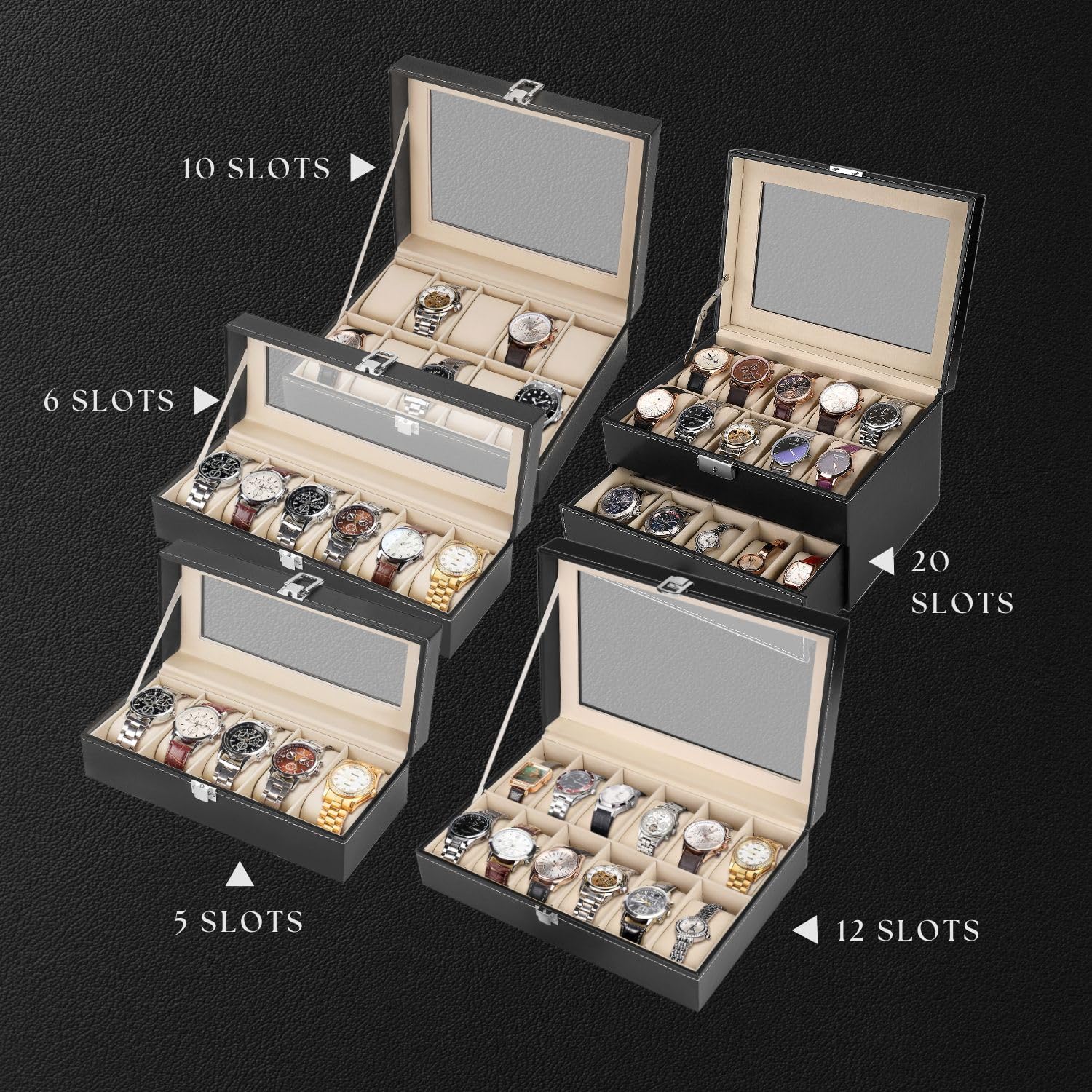Flexzion Caja organizadora de relojes para hombres y mujeres, caja de almacenamiento de relojes con 20 ranuras con pantalla de cristal superior y almohadas extraíbles en cada ranura, fundas de reloj
