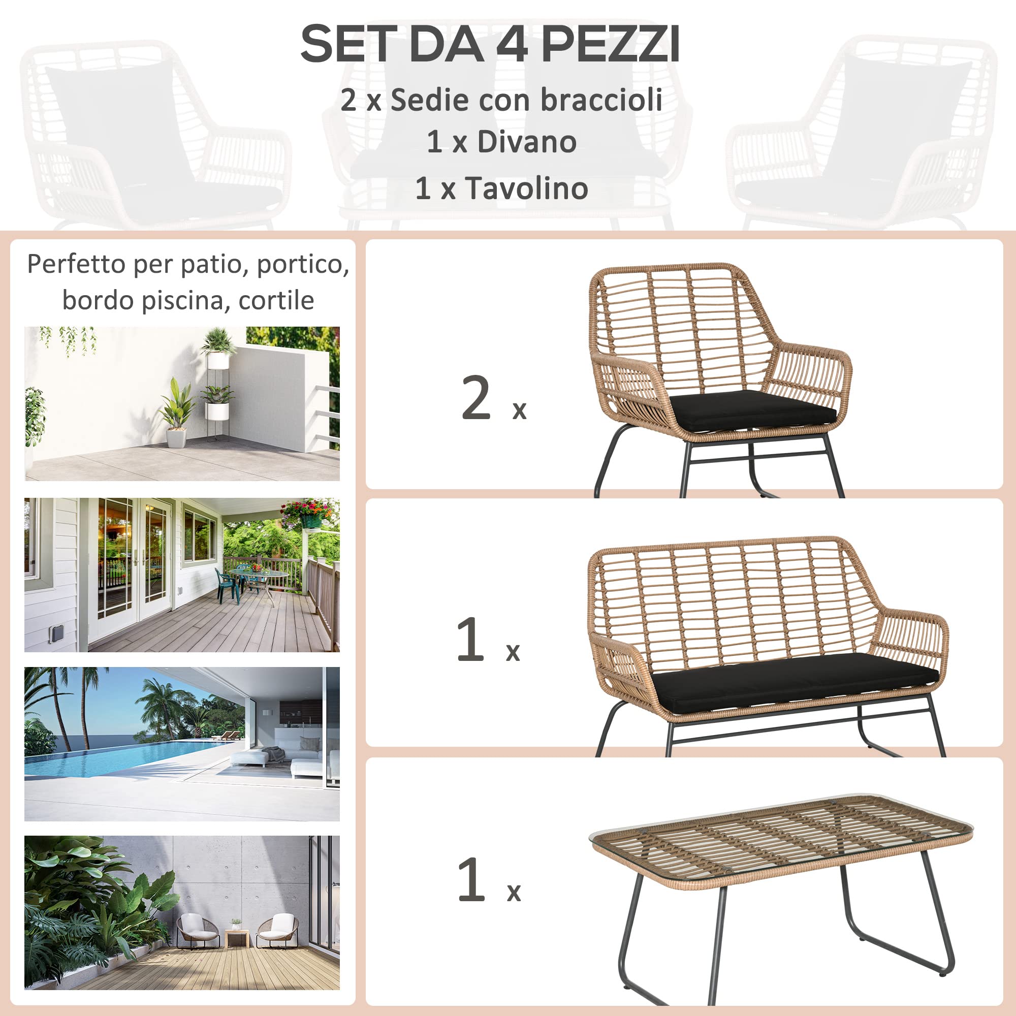 Outsunny Set Mobili da Giardino in Rattan PE da 4 Pezzi, Salotto da Esterno Stile Boho con 2 Poltrone, Divanetto e Tavolino con Ripiano