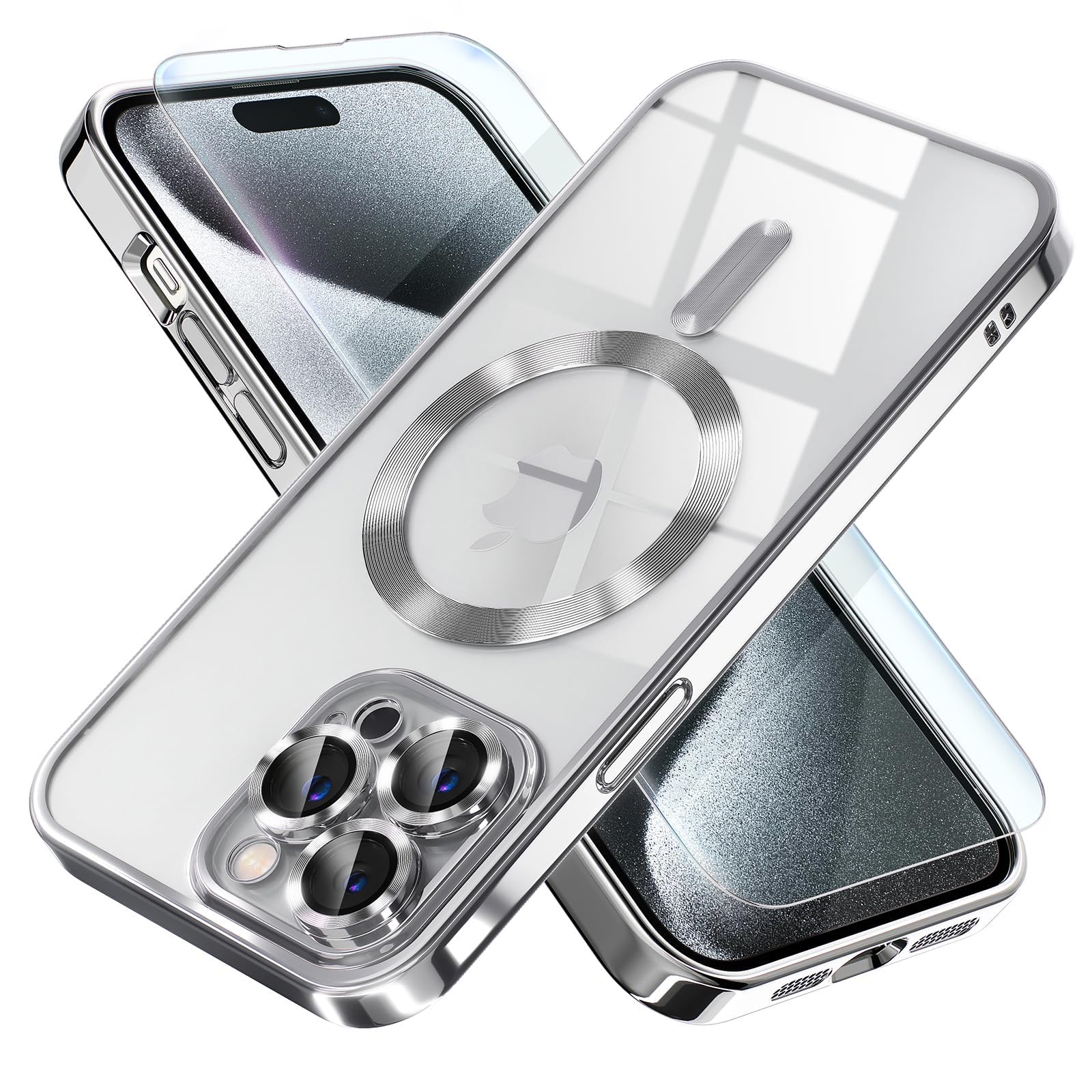 PRIMEZILLAMagnetic Case for iPhone 15 Pro Compatible with Mag-safe with 1Pcs iPhone 15 Pro Screen Protector [Camera Lens Protection] Shockproof iPhone 15 Pro Cover 6.1" (Silver)