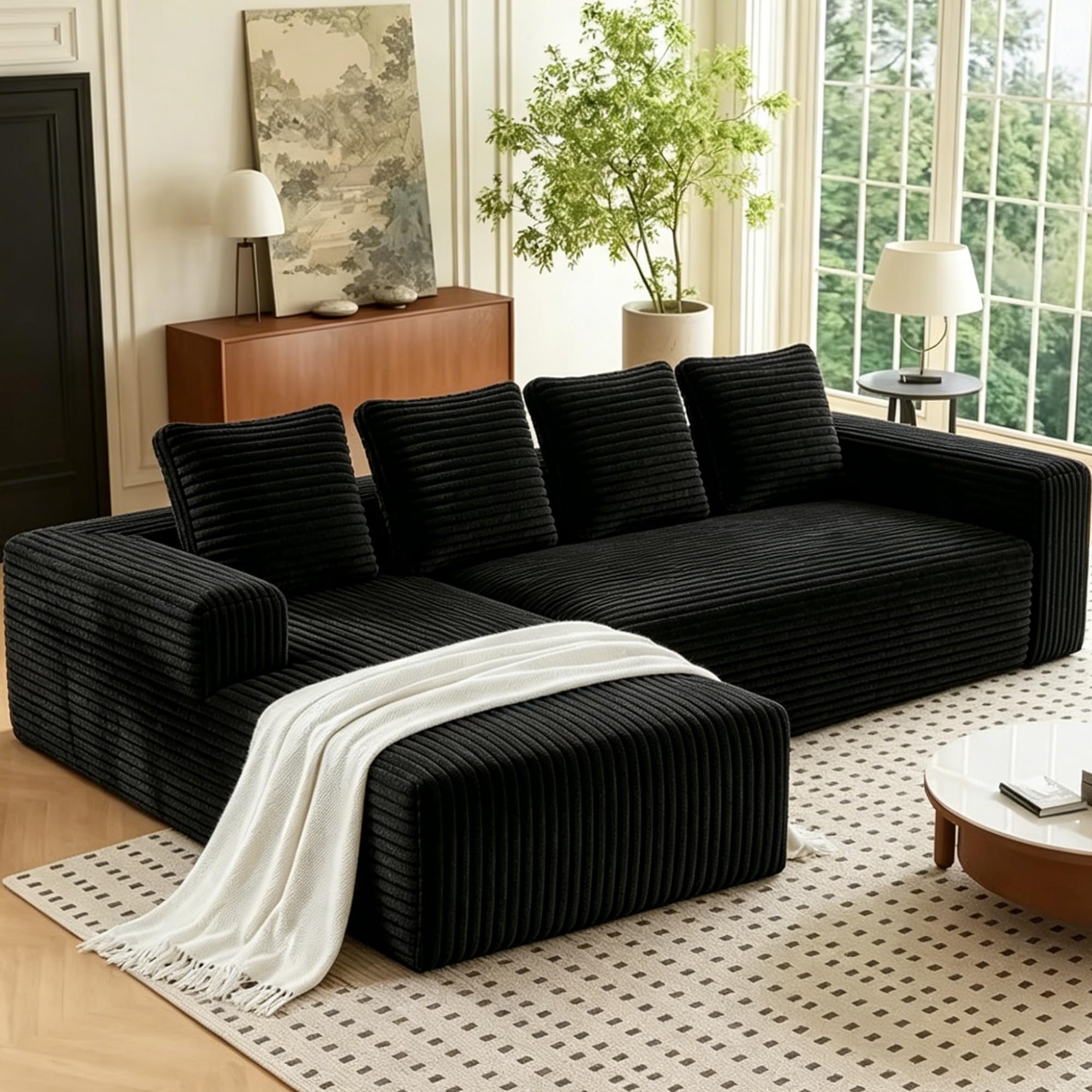 Sofá esquinero en forma de L, sofá de 4 plazas con meridiana y 4 cojines, sofá de pana, sin montaje, para salón y apartamento (Negro)