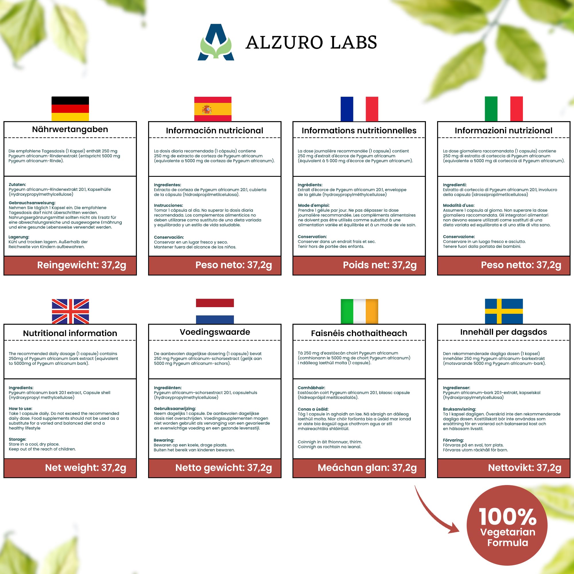 Pygeum africanum | 5.000 mg Équivalent | extrait d'écorce 20:1 250 mg (13% phytostérols) | 120 Gélules Véganes | Réserve 4 Mois | Prunus africana | GMP & Testé en Laboratoire Indépendant