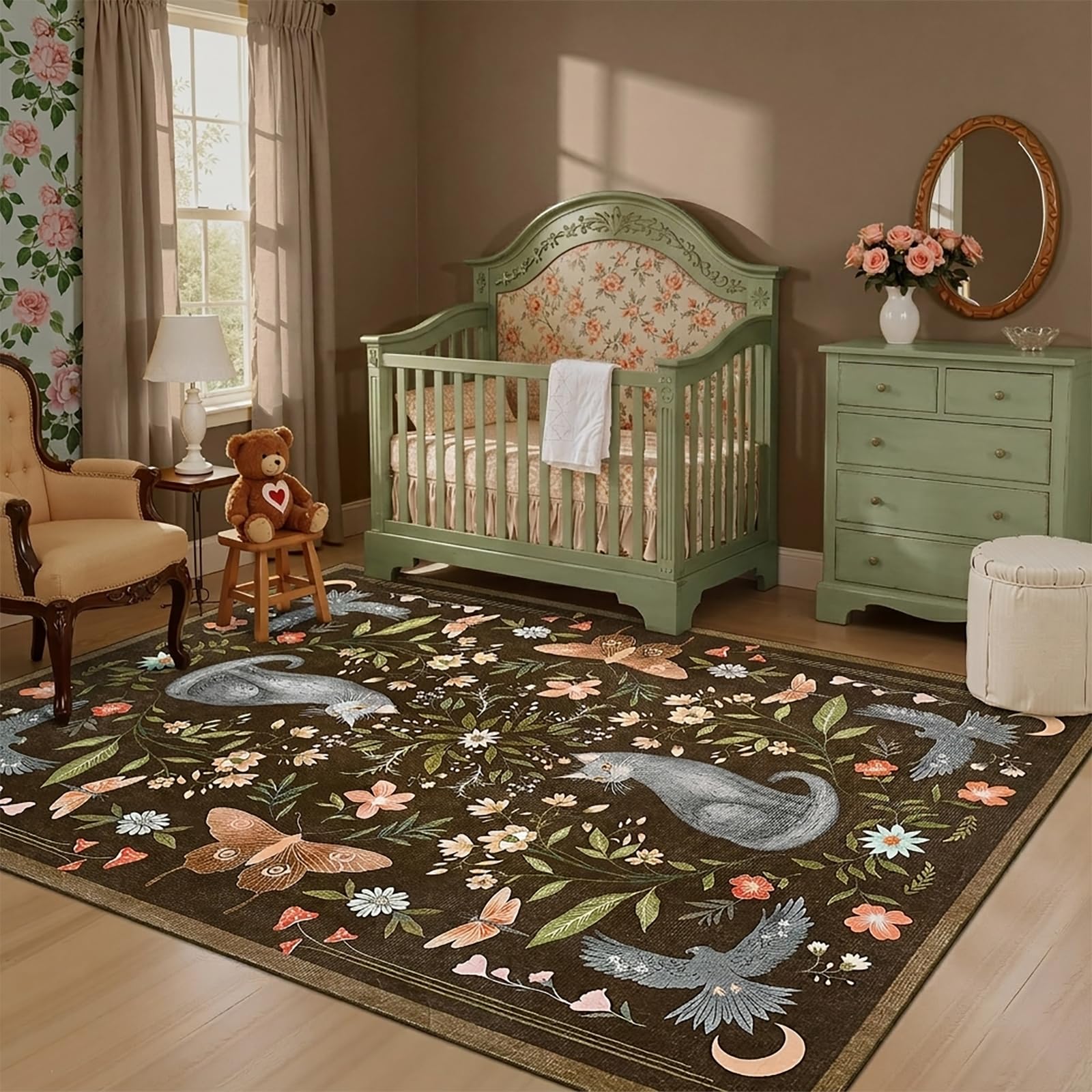 FairyStyle 80x150 cm Cat Area Rug, Animal Print Washable Rugs for Living Room, Low Pile Non Slip Floor Mat Soft Floral Throw Rug Indoor Carpet for Bedroom Dorm Playroom Gothic Decor, Dark Brown