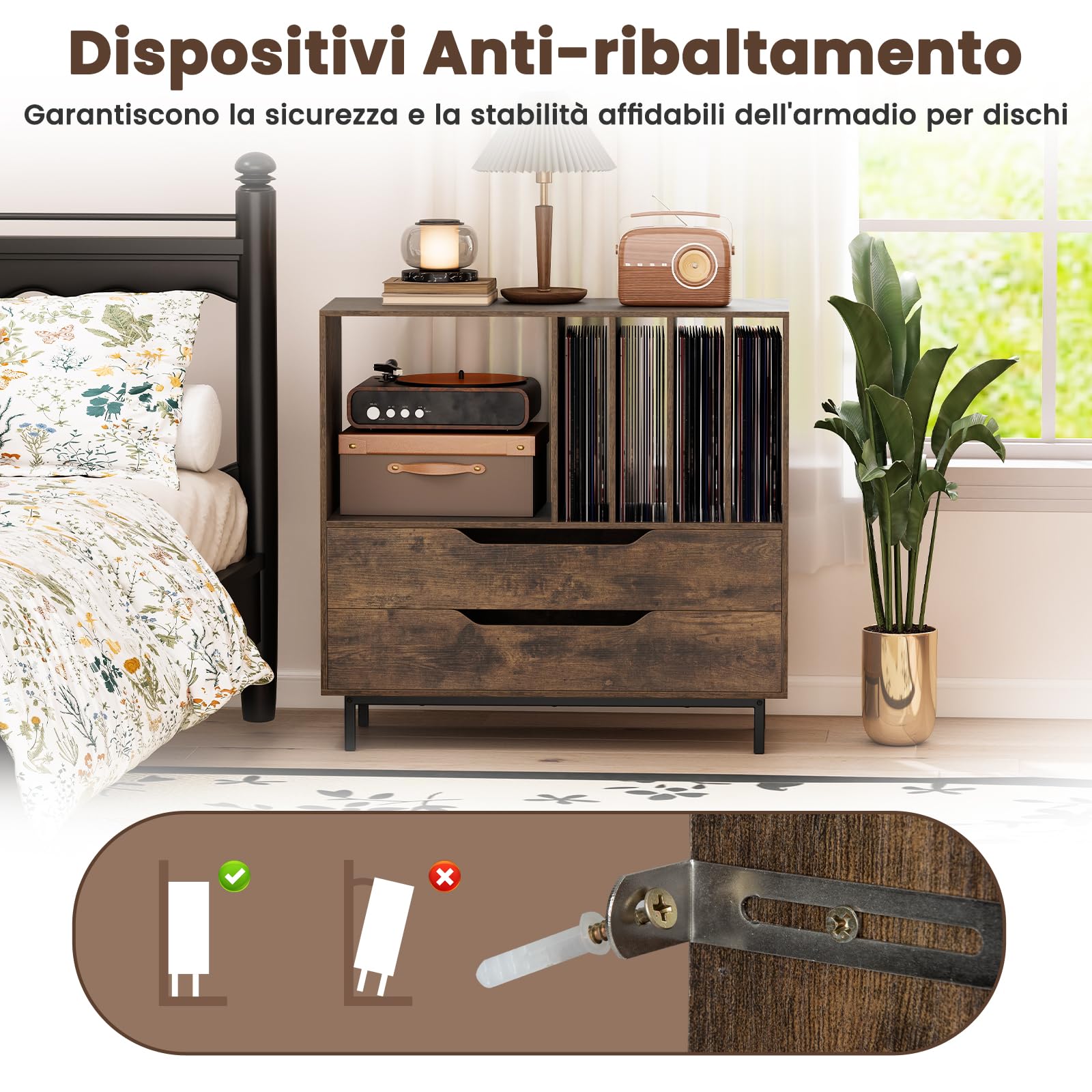 COSTWAY Supporto per Giradischi, Porta Dischi Vinile con 4 Ripiani per Vinili e 2 Cassetti, Armadio per Dischi Fino a 250 Album, per Soggiorno, Studio e Camera da Letto, 91 x 35 x 87 cm (Marrone)