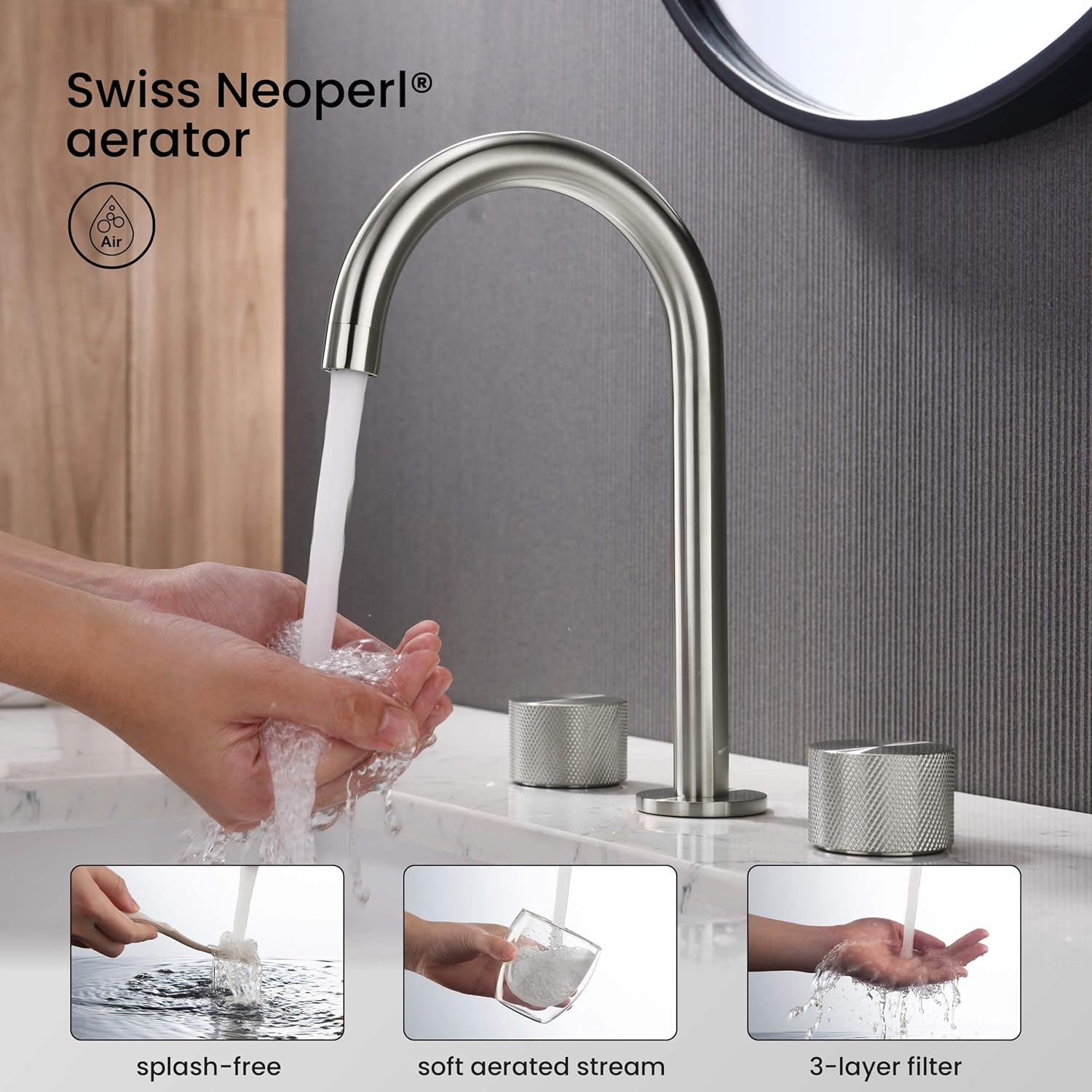 KIBI 2-Handle 8" Widespread Bathroom Sink Faucet with Drain Assembly, Solid Brass 3-Hole Lavatory Faucet | Circular X Design | Corrosion-Resistant with Smooth Water Flow (Brushed Nickel, KBF1026)