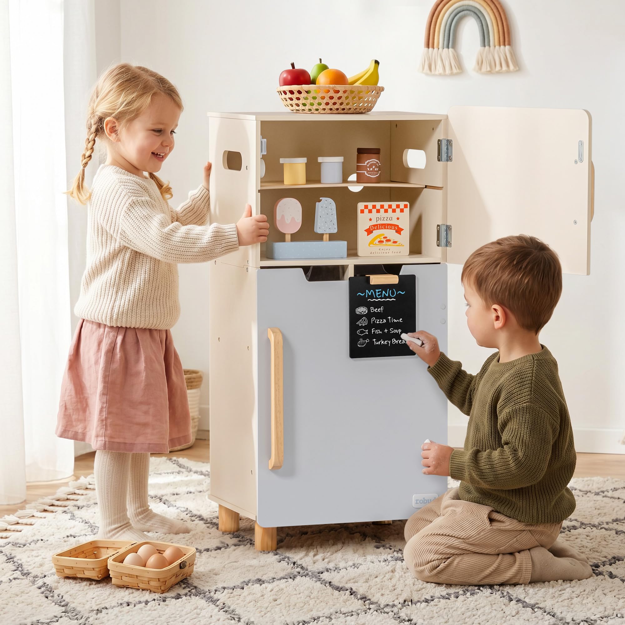ROBUD Set da gioco con frigorifero in legno, frigorifero per giochi di finzione per bambini con lavagnetta, congelatore e accessori, frigorifero giocattolo bambini bambine 3+