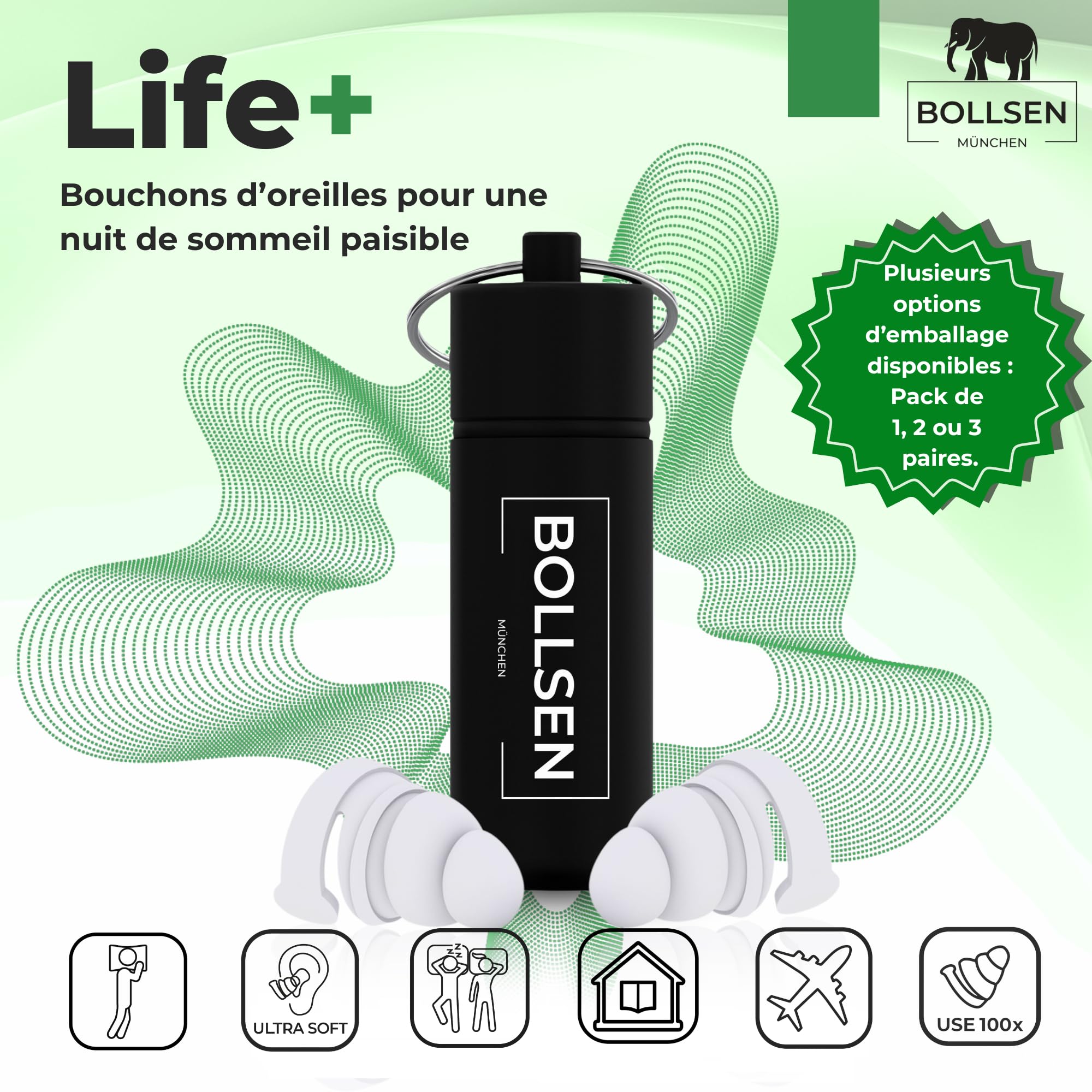 BOLLSEN Life+ Bouchons d’oreilles pour dormir – Bouchons d’oreilles en silicone anti-bruit – Réduction de bruit SNR 24 dB – Confortables jour et nuit – Durables et réutilisables jusqu’à 100 fois (3)
