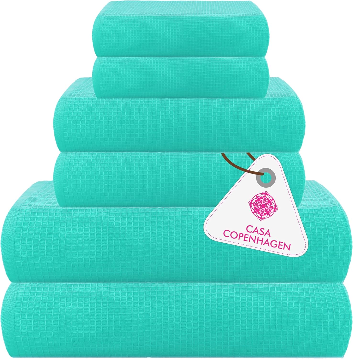 CASA COPENHAGEN Waffle Towel, 6Pieces 100% Cotton Large Towel Set- Aqua Blue, 2Bath 2Hand 2Washcloths Instant Absorb and Dry, Soft Strong Towels for Hotel Spa Kitchen Bathroom & Shower