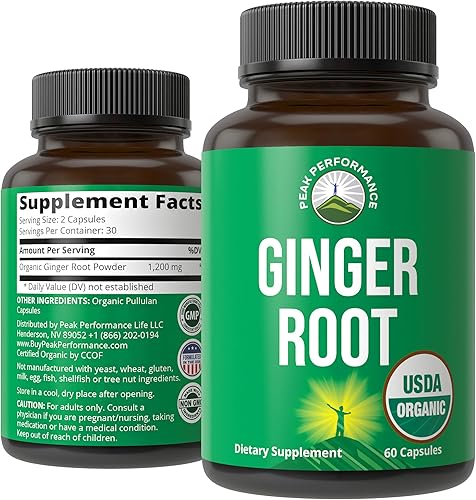 Peak Performance Cápsulas de raíz de jengibre orgánicas USDA. Suplemento de píldoras de jengibre vegano para mujeres y hombres para apoyar la