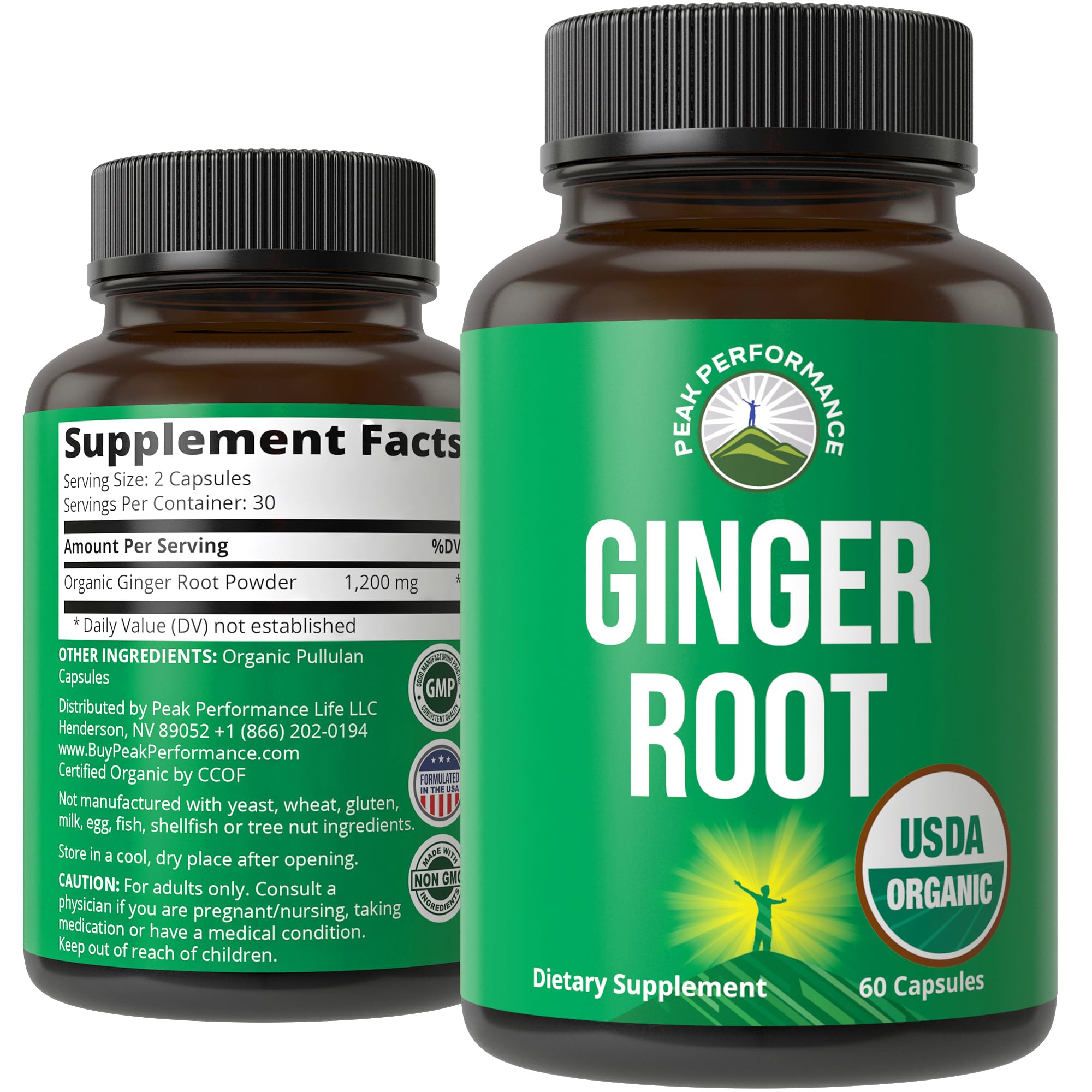 Peak Performance USDA Organic Ginger Root Capsules Vegan Supplement