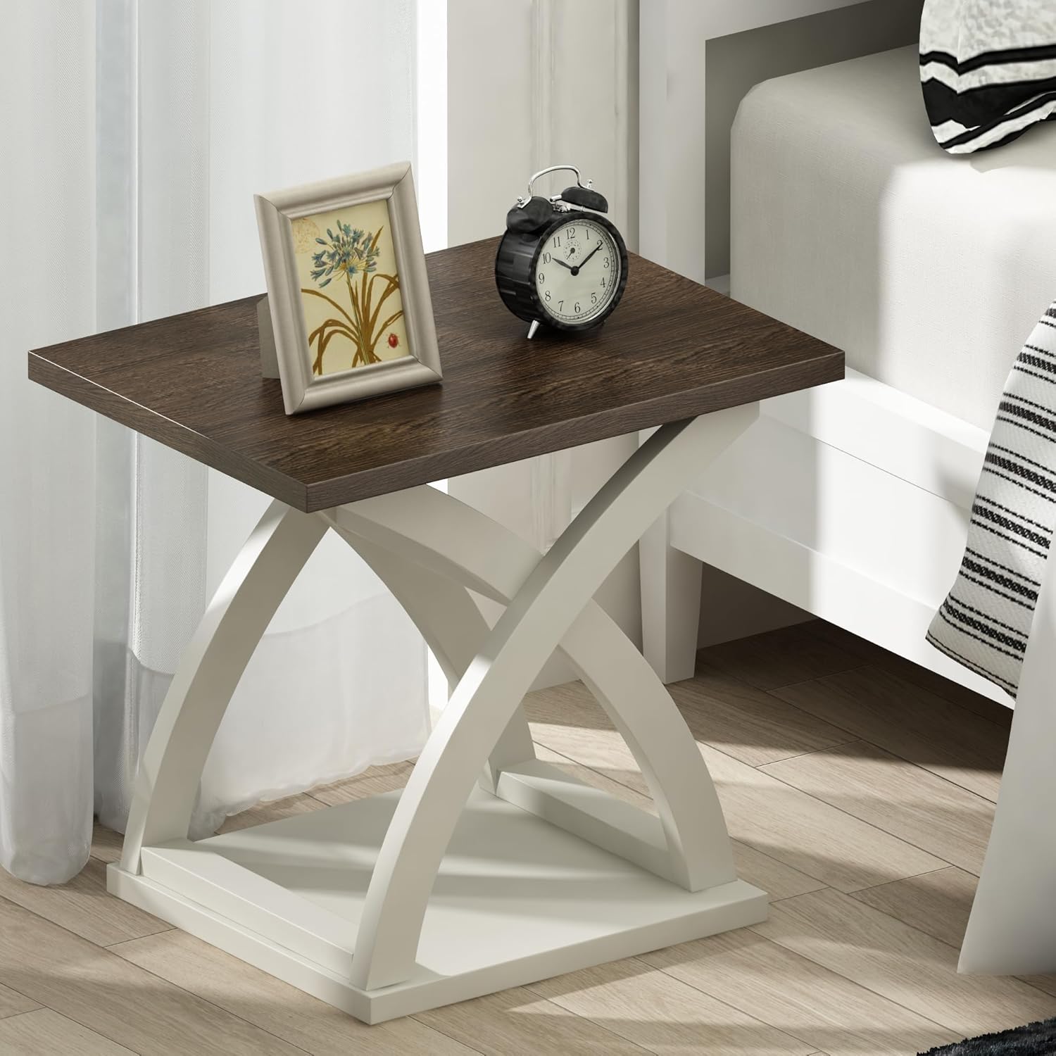 White and Brown MDF X-Design Modern End Table with Storage Shelf