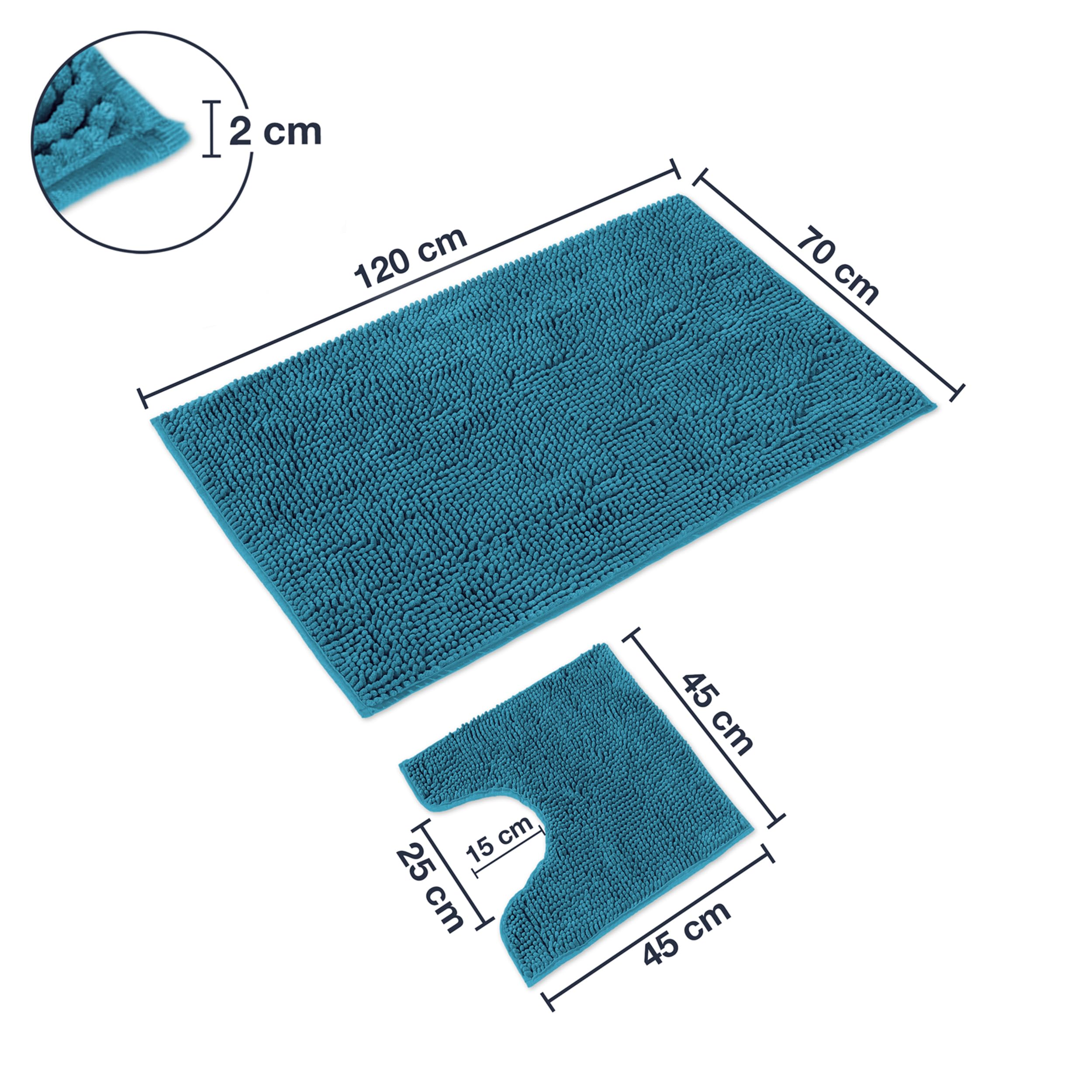 WohnDirect Alfombrilla de baño Conjunto - Alfombra baño Juego - Antideslizante - Lavable - Alfombra para el Cuarto de baño - petrolo - 70 x 120 cm + 45 x 45 cm con Recorte para el Inodoro