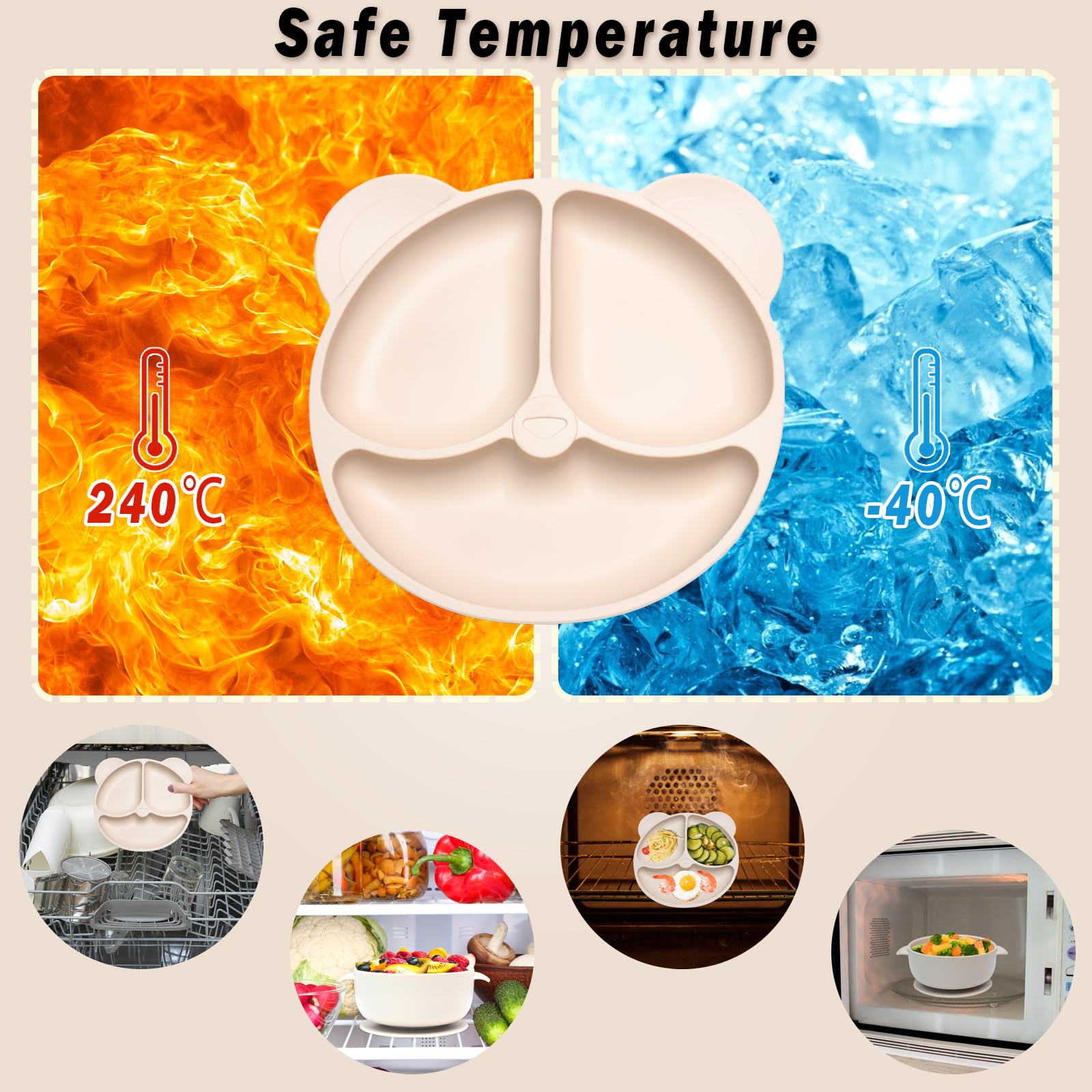 10 Pièces Coffret Repas Bebe Silicone, Assiette bebe Set Vaisselle Assiette ventouse pour bébé, Bavoir Silicone Bebe, fourchettes, Enfant Set Couverts Vaisselle Pour Sevrage Manger (Beige)