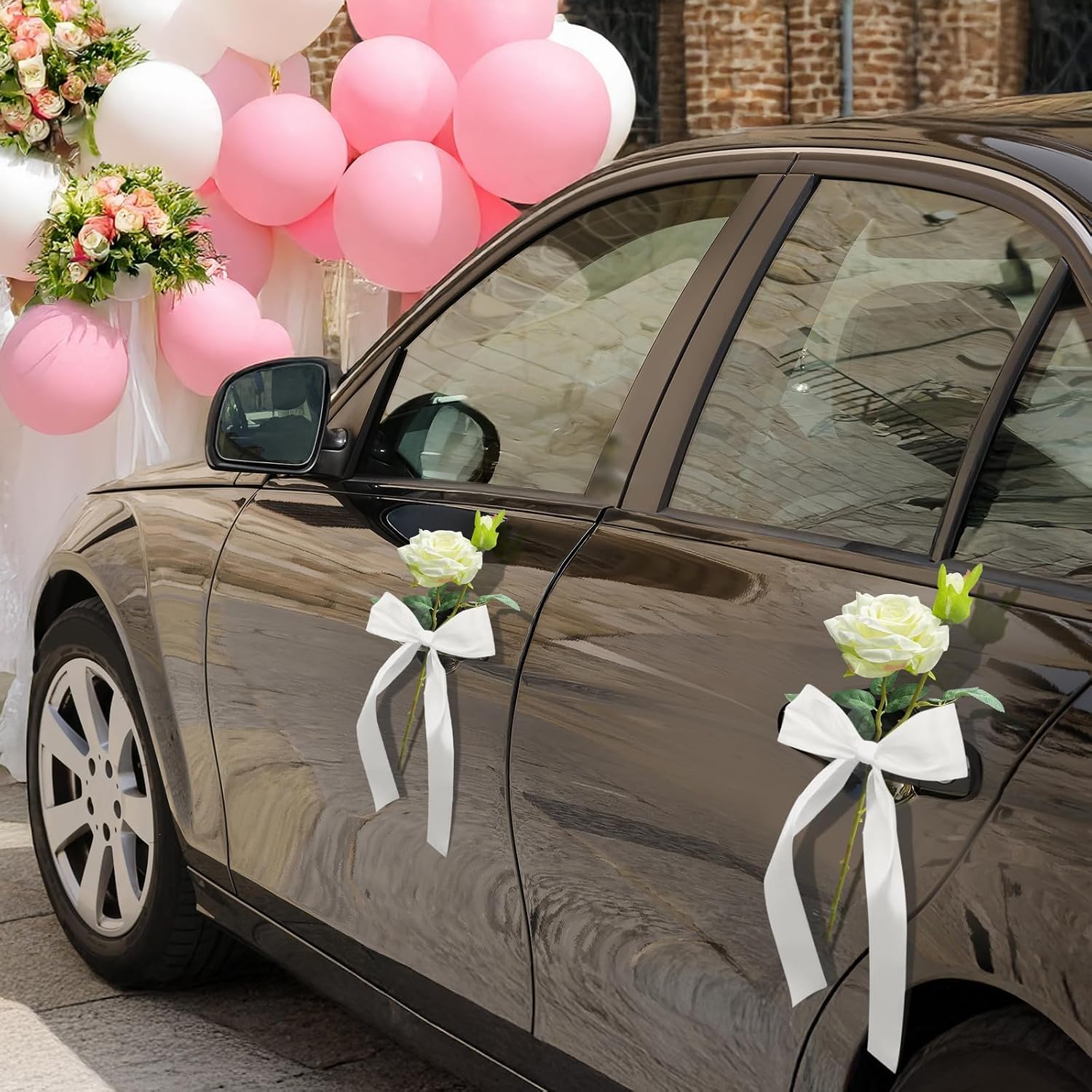 4PCS Car Wedding Decorations Set - Automotive White Rose Flower with Satin Vehicles Door Handle Ornaments, Just Married Cars Accessories Decor for Newlyweds (4, White) image 3