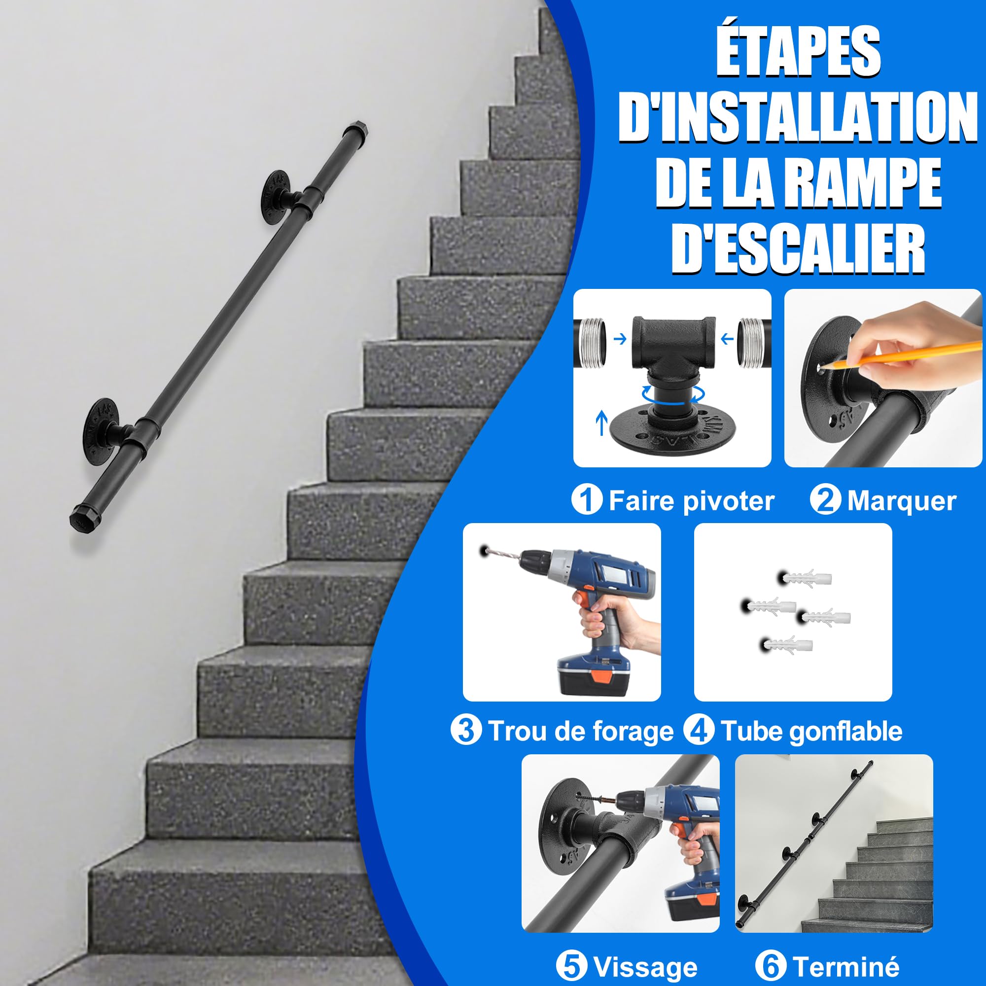 OUUTMEE Mango de 100cm Negro Hierro Forjado Mango de pared Calibre: ø25 mm, adecuado para interiores y exteriores, barandilla de escalera, con soporte de pared y tapas de extremo
