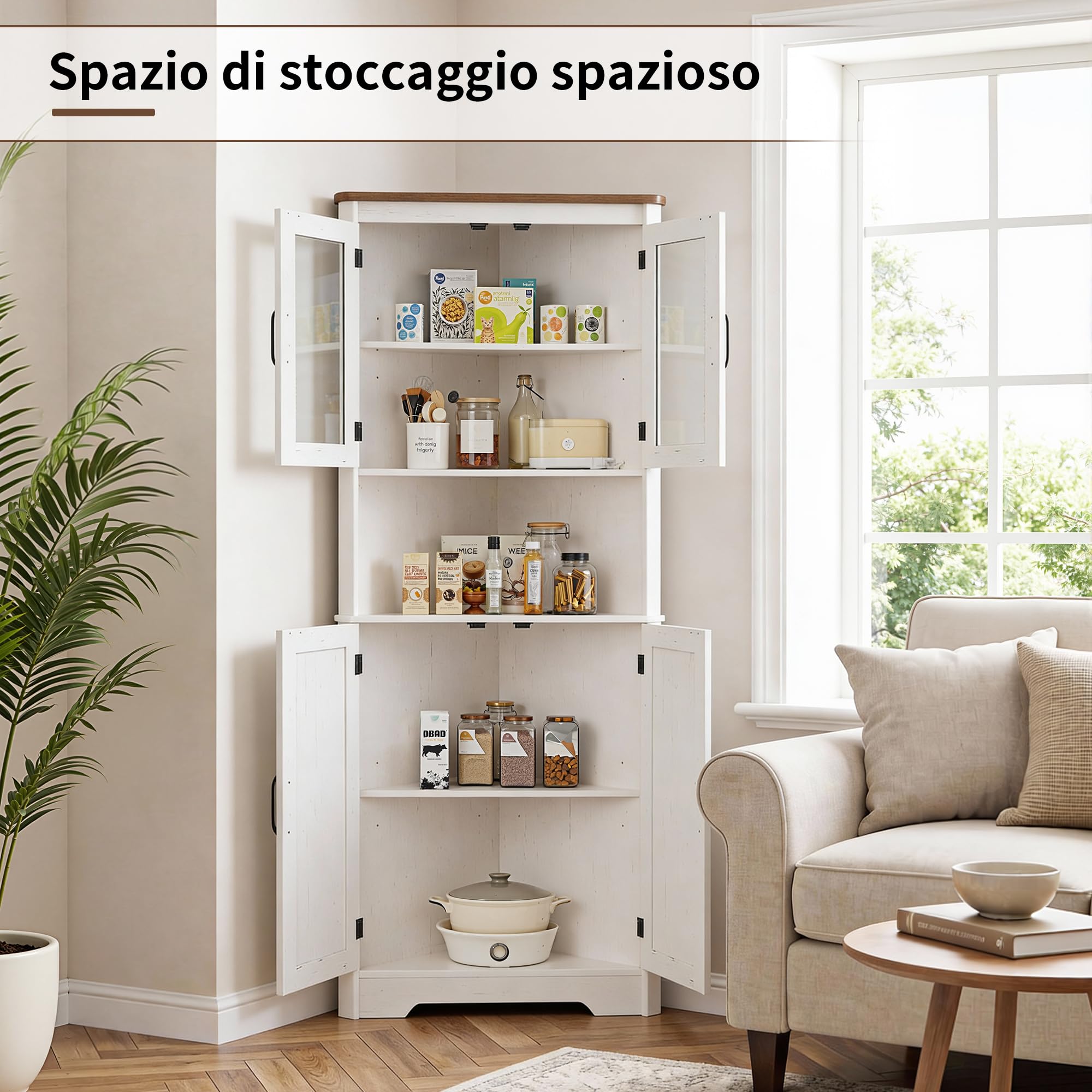 BonVache Armadio ad angolo alto e stretto con 2 porte e 5 ripiani - Mobile per la cucina, camera da letto, soggiorno - Mensola ad angolo da 170 cm - Bianco