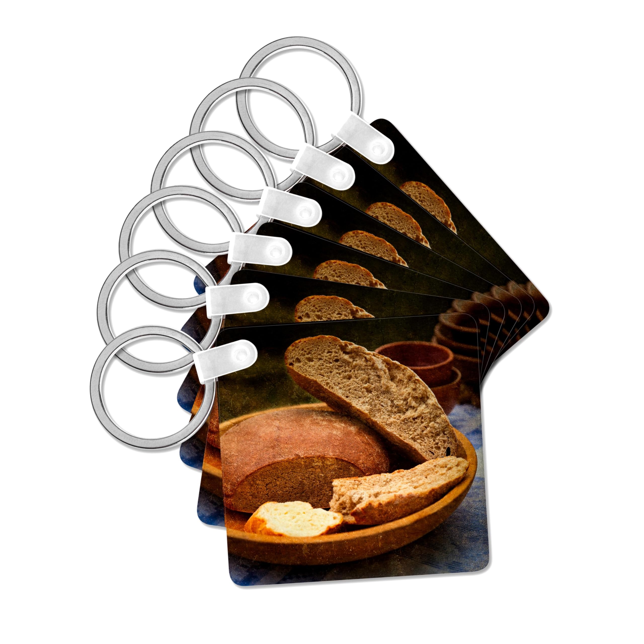 3dRose, Still-life with loafs of bread in a ceramic plate. Earthenware, set of 6 Key Chains