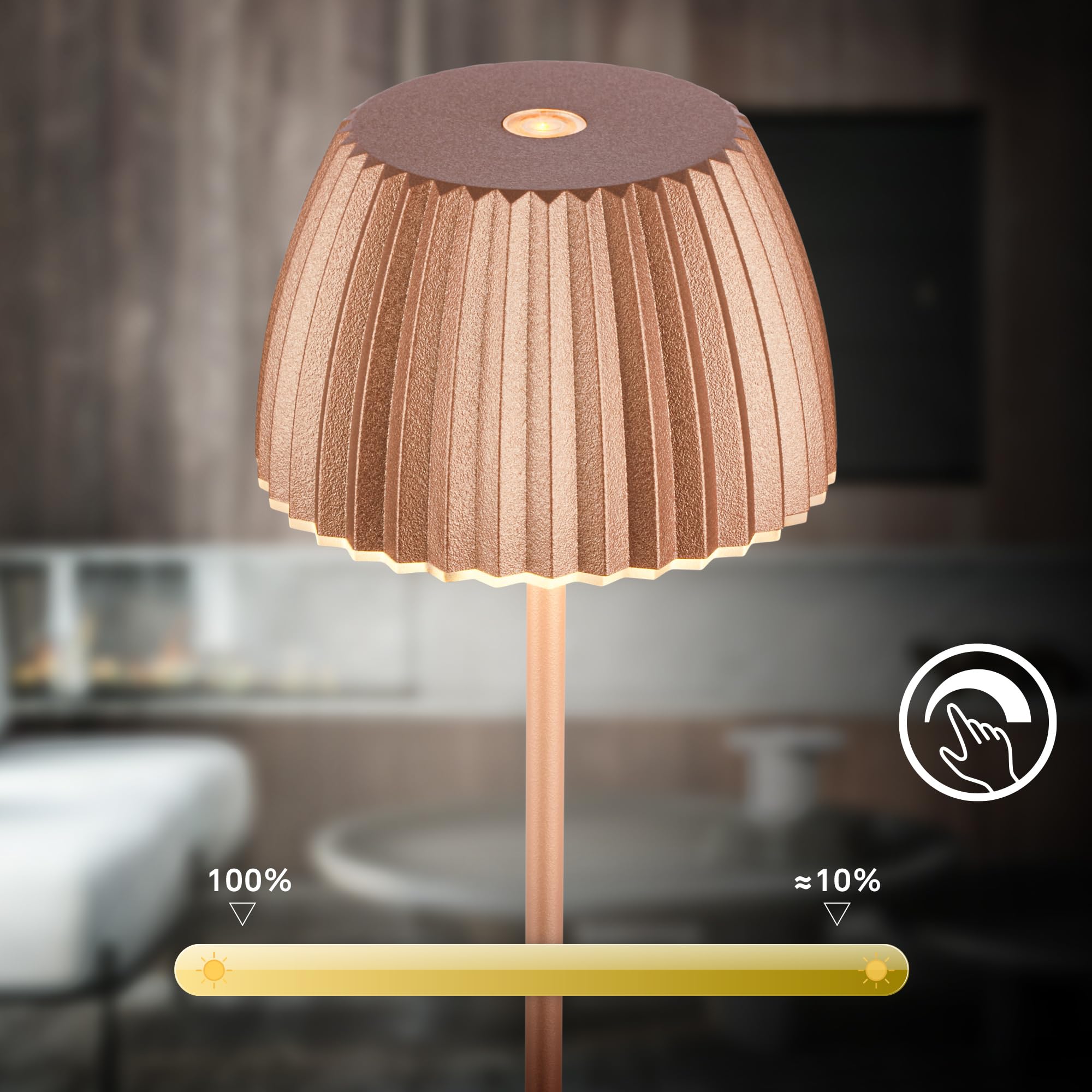 BRILONER Riffle Mini bezprzewodowa lampa stołowa LED IP44 z jasną krawędzią, 8,5 x 20 cm, ściemniacz dotykowy, wymienna bateria, lampka nocna, German Design Award Winner 2025, kolor miedziany