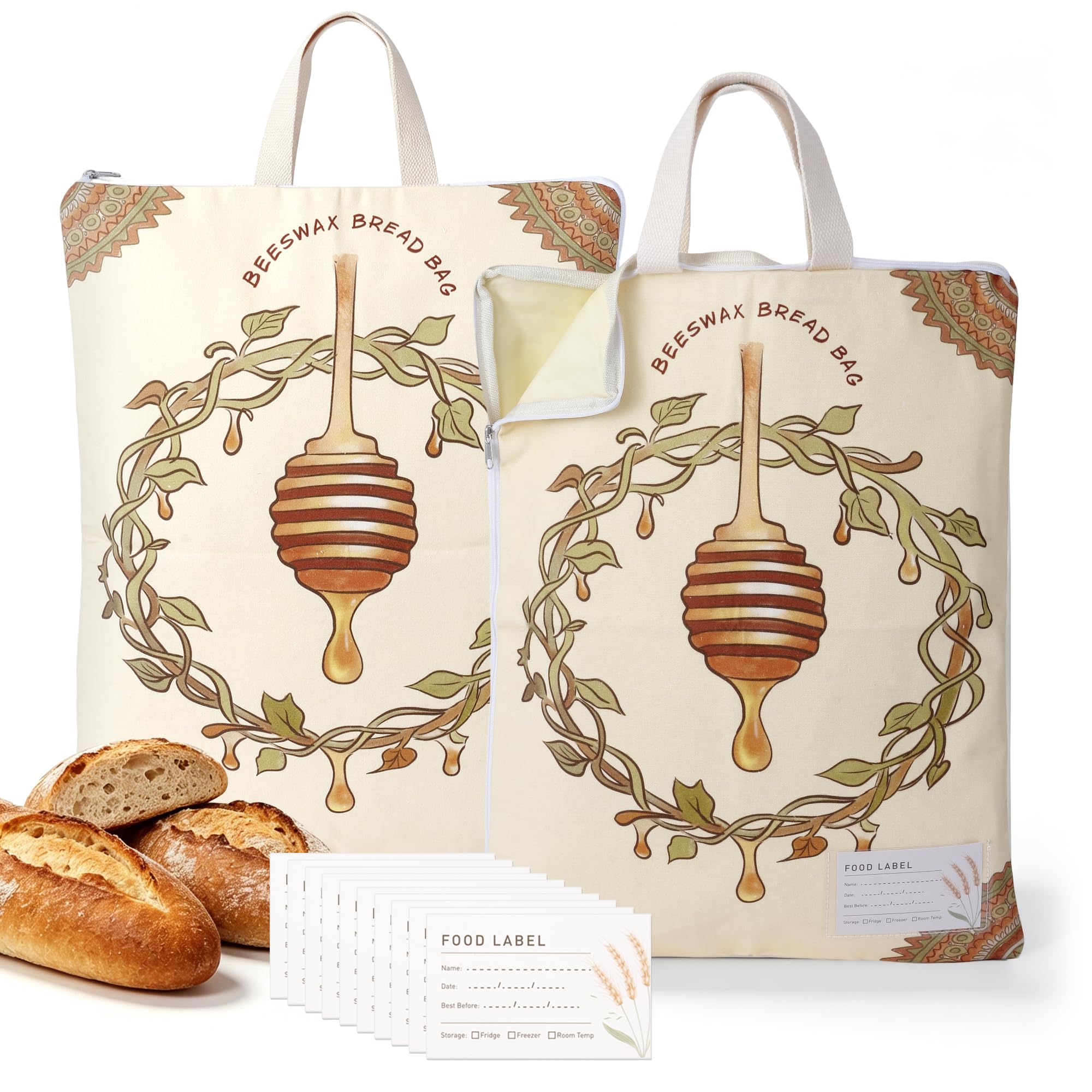 2 Pack Beeswax Bread Bags for Sourdough, 43x33 Inch Reusable Cotton Bread Storage Bags with Zipper and Handle Natural Beeswax Lining Freezer Friendly with 10 Food Labels Included (Honey Vine)