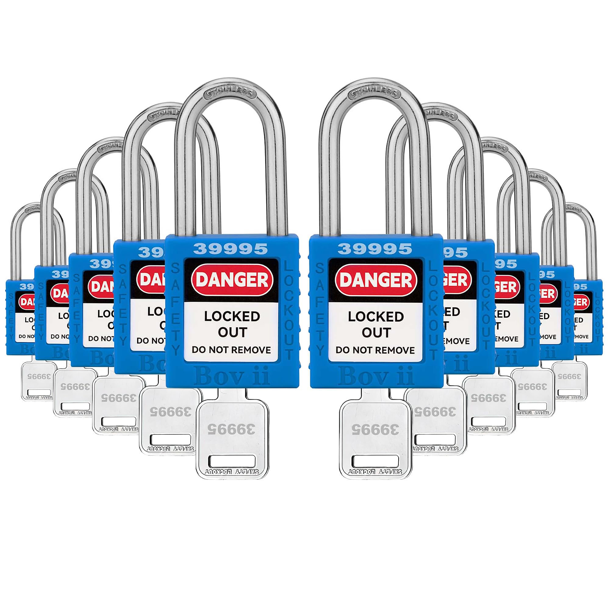 Juego de 10 cerraduras de bloqueo azules, cerraduras Loto con llave igual, 1 llave por cerradura, cerraduras de bloqueo compatibles con OSHA