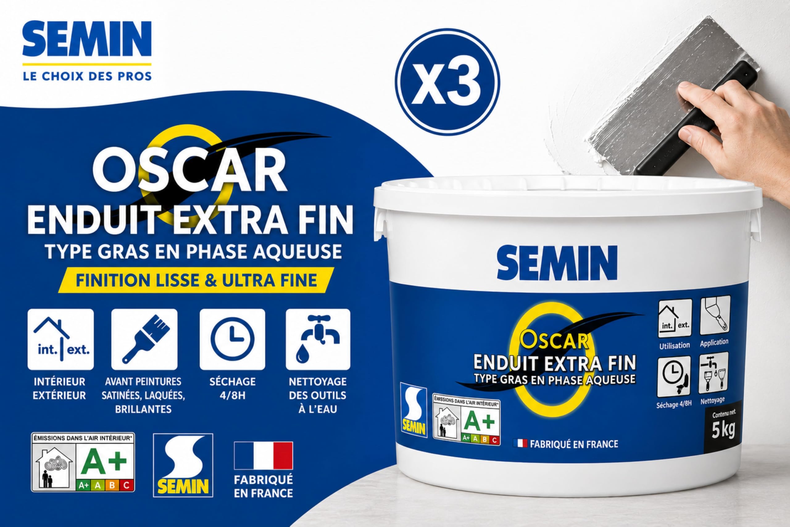 SEMIN OSCAR Enduit de Finition Extra Fin en Pâte– 3 X 5 kg – Prêt à l'Emploi – Intérieur & Extérieur – Lissage Ultra Fin Murs et Plafonds – Idéal Pièces Humides – Peinture & Papier Peint