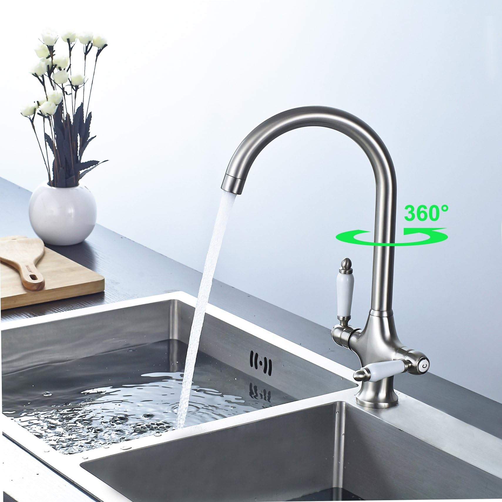 CURNEAL Brushed Nickel Kitchen Sink Mixer Tap Brass Fitting Hot & Cold Dual Lever, Hot and Cold Kitchen Monobloc Tap, Single Hole Swivel Spout Basin Faucet K042B