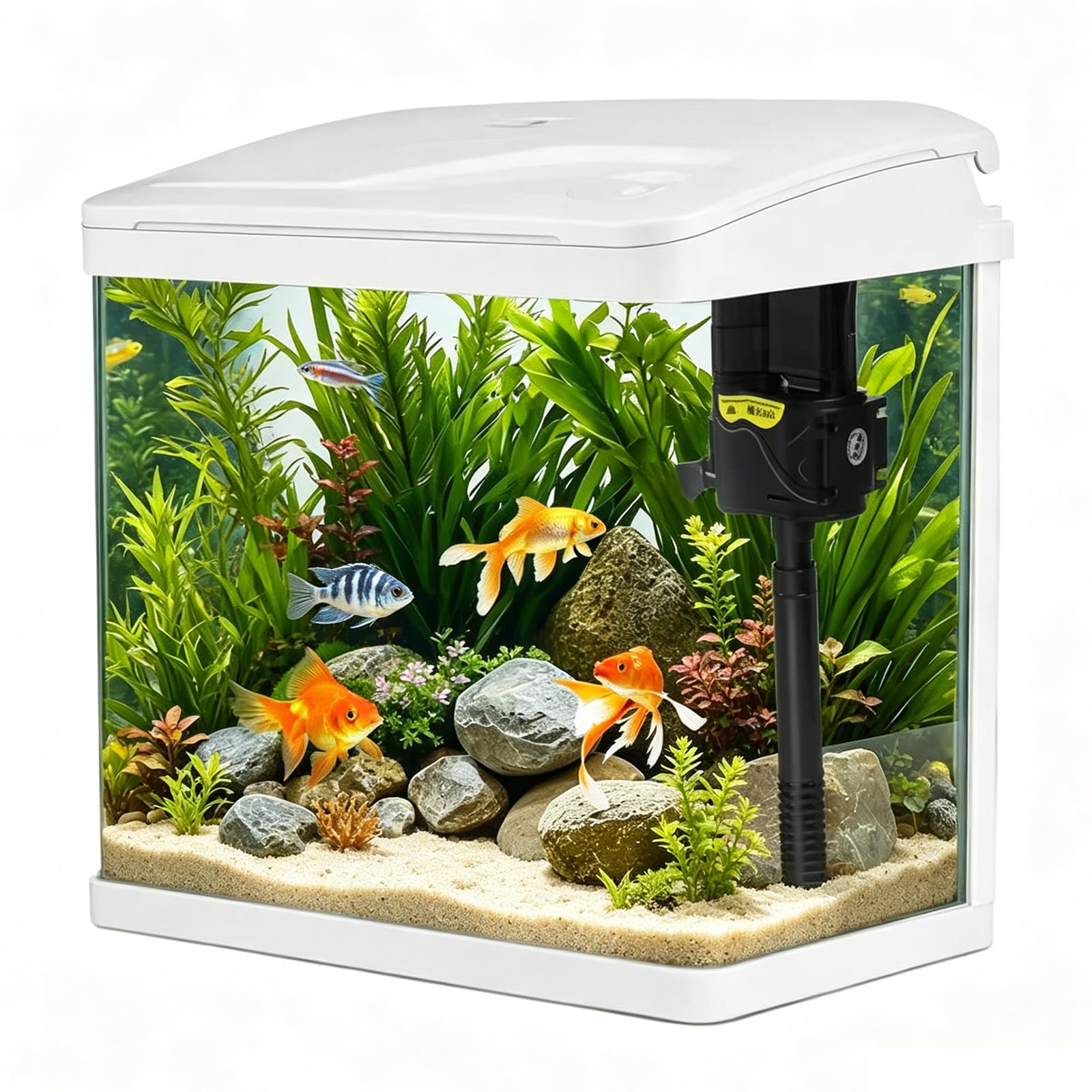 Tanque de acuario de vidrio mediano de 34 litros con filtro y luz, kit todo en uno de vidrio de escritorio con bomba para peces dorados, betta, camarones, blanco (XS-400)