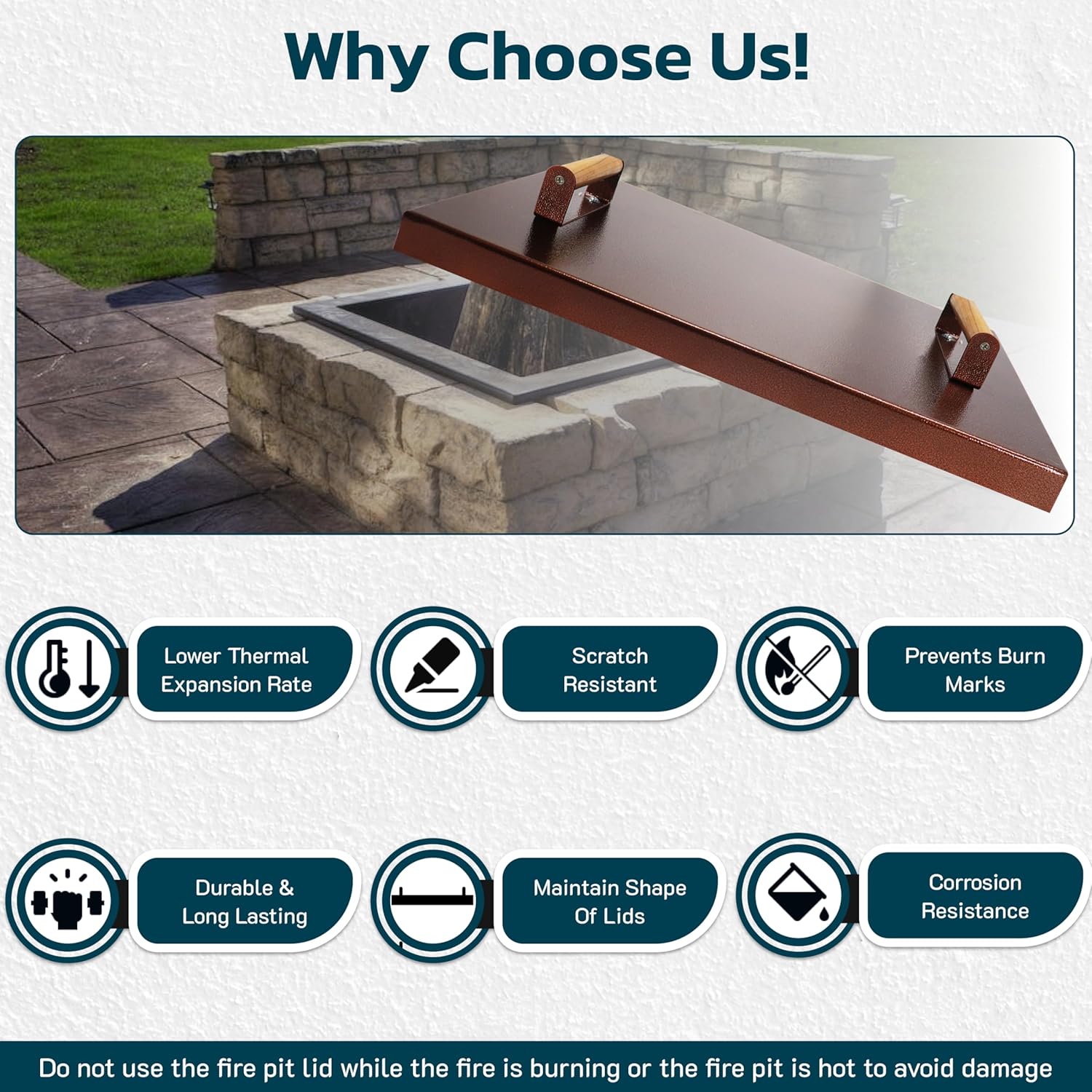 FEBTECH 22.6" Fire Pit Lid Rectangle - 16 Gauge Carbon Steel FirePit insert Cover with 2 Heat Resistant Wooden Handles - Fire Pit Accessories Ideal for Outdoor Fireplace.