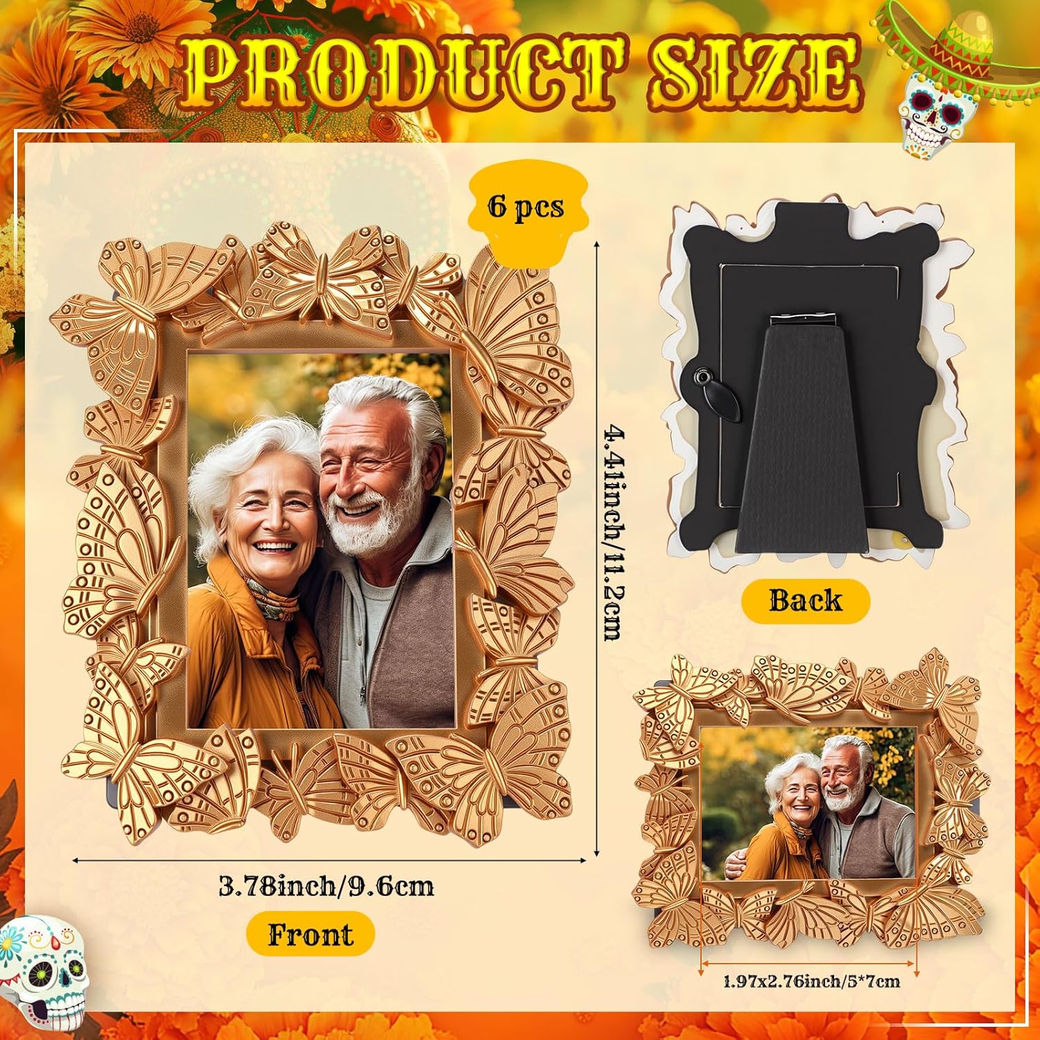 Geelin 6 Pcs Day of The Dead Picture Frame Día De Los Muertos Tabletop Display for Day of The Dead Photo Props Decorations Mexican Ornaments Home Office Decor Halloween Party Favors(Butterfly)