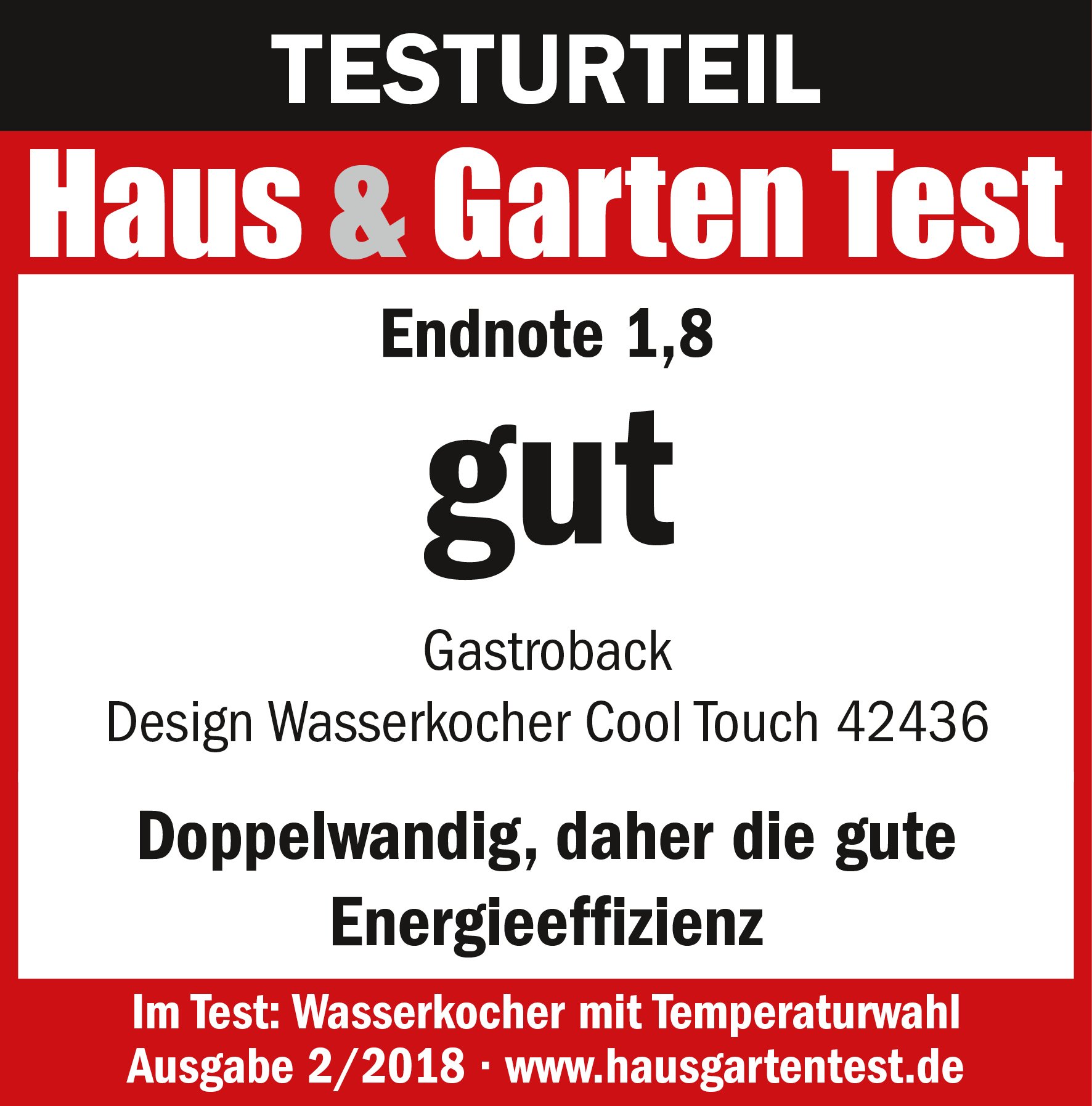 Gastroback 42436 Design Wasserkocher Cool Touch, doppelwandiger Edelstahl-Behälter 1,5 Liter, 2.200 Watt, 18/8, 1.5 liters, silber, schwarz